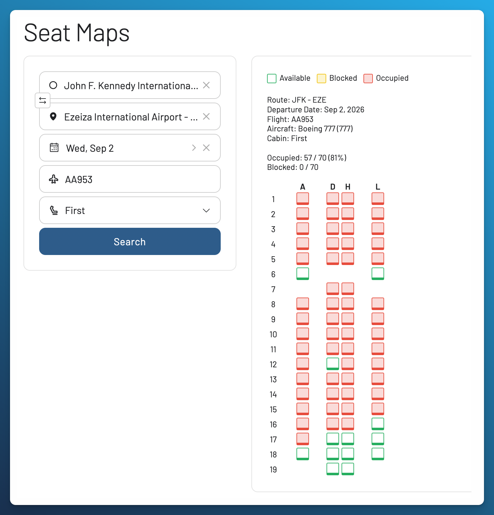 AwardFares Seat Maps with First selected for AA953, displaying the same 70 seat layout as the Business Class search.