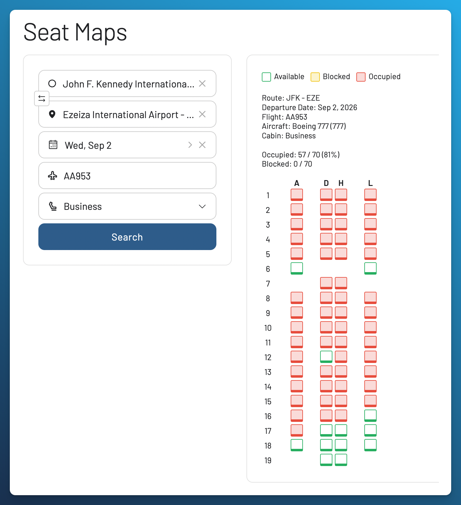 AwardFares seat map showing 70 Business Class seats on American Airlines AA953 from JFK to Buenos Aires on September 2, 2026.