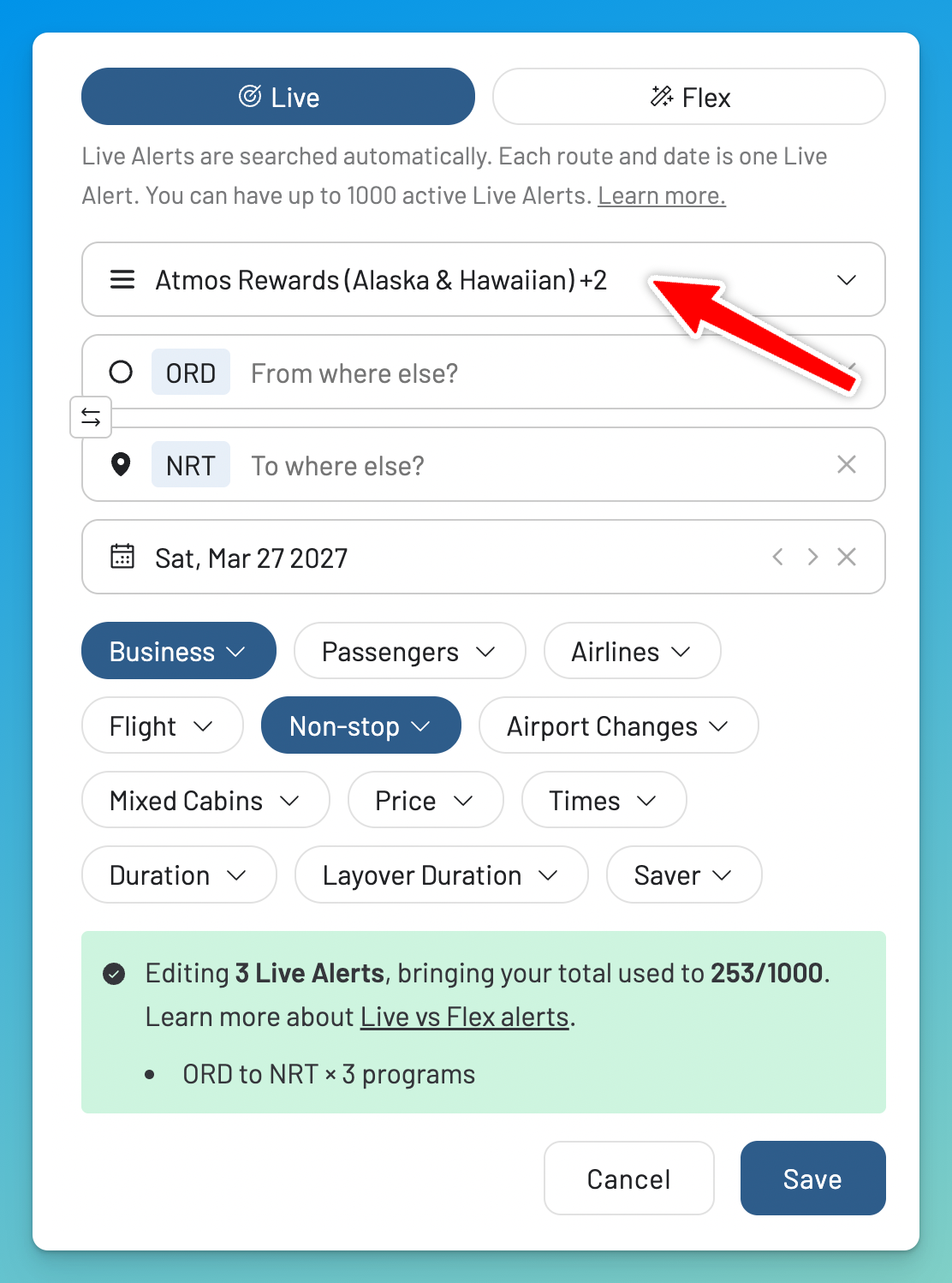 Setting an AwardFares Live Alert across multiple loyalty programs for nonstop Business Class awards from Chicago to Tokyo Narita.