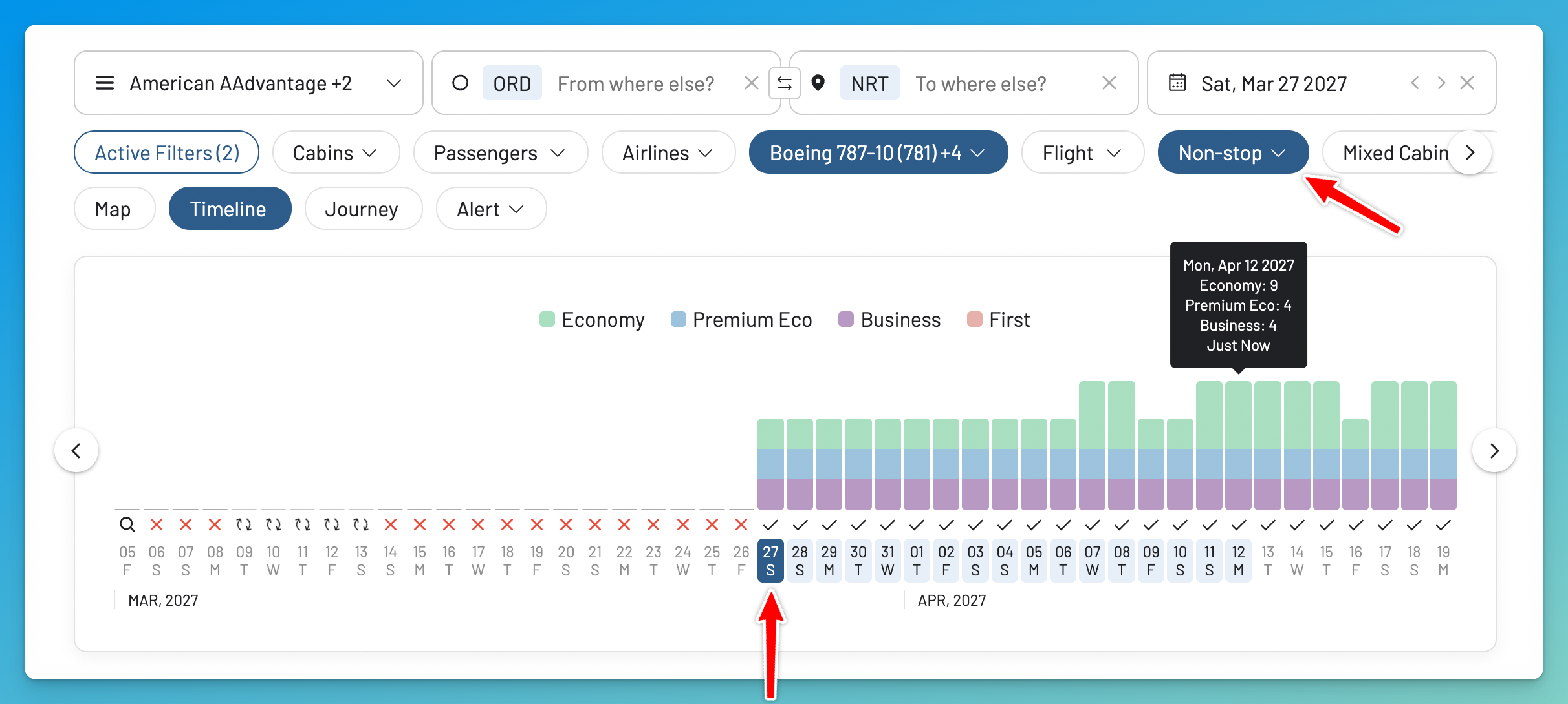 AwardFares Timeline View showing Economy, Premium Economy, and Business availability from Chicago to Tokyo Narita across the route