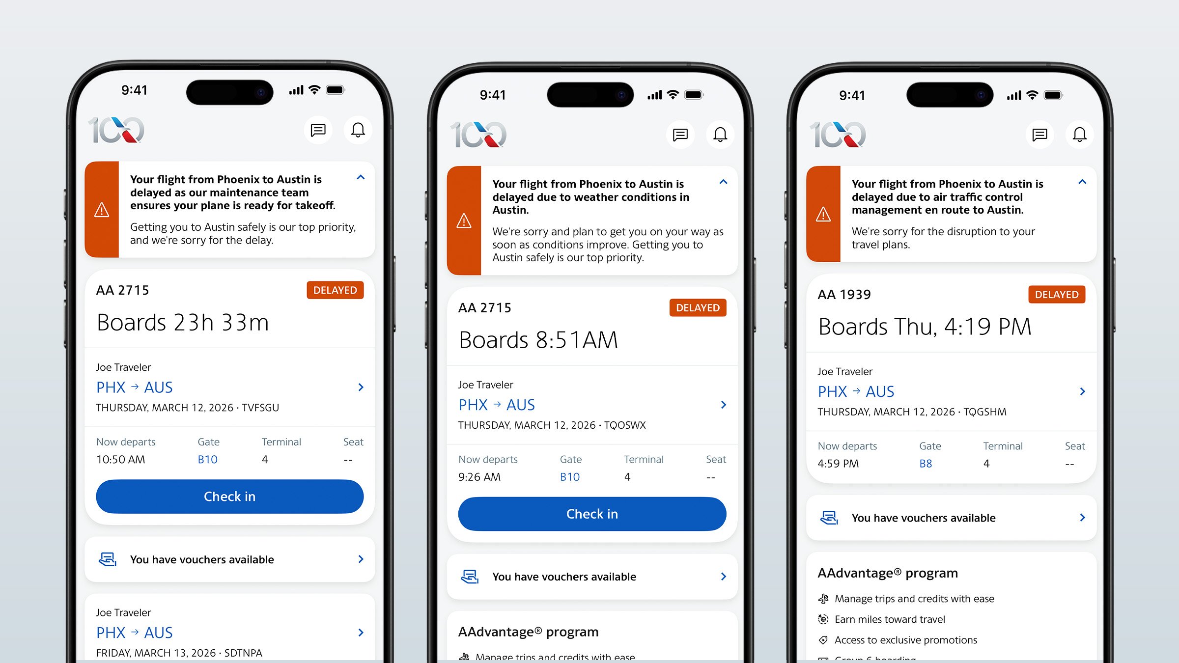 American Airlines app showing delay reasons and disruption rebooking tools