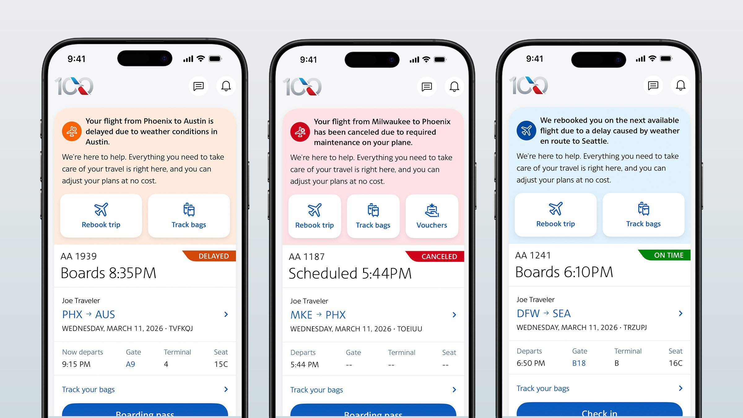 American Airlines app showing delay reasons and disruption rebooking tools