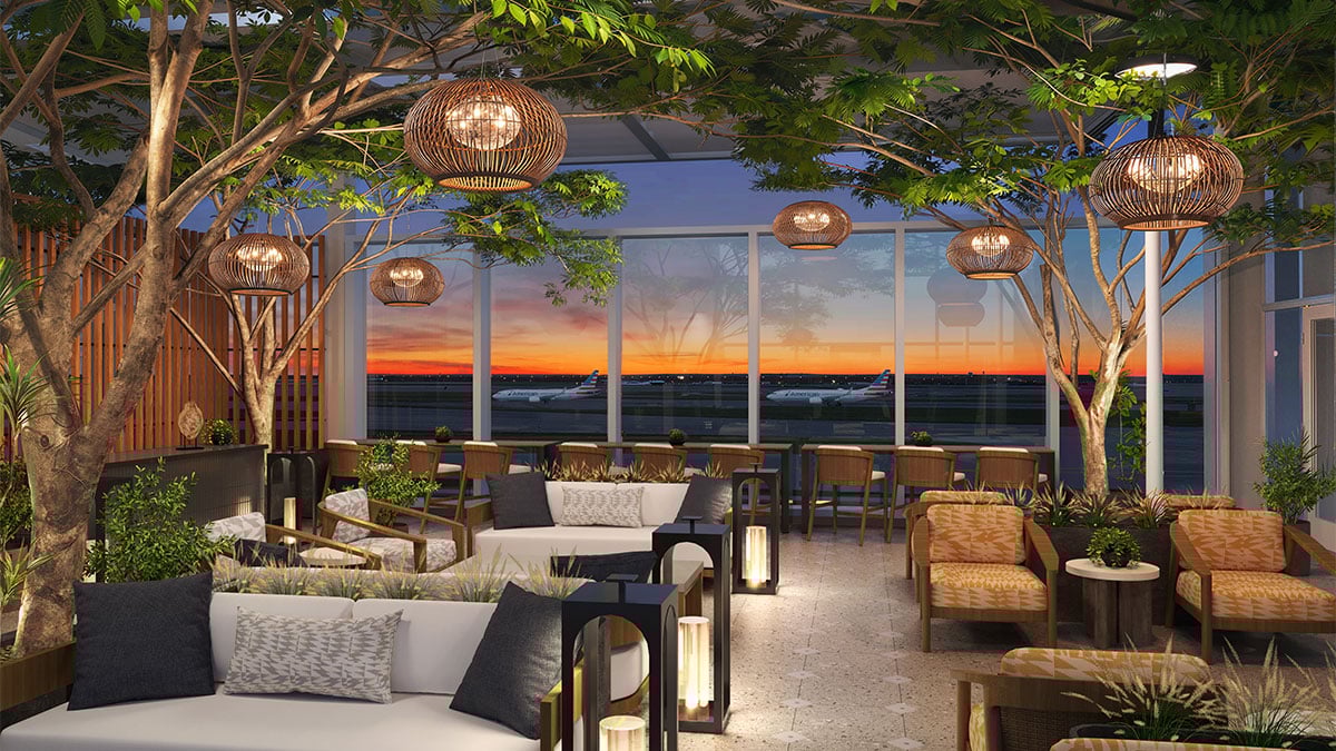 Rendering of the new American Airlines Admirals Club lounge at Austin airport with outdoor terrace