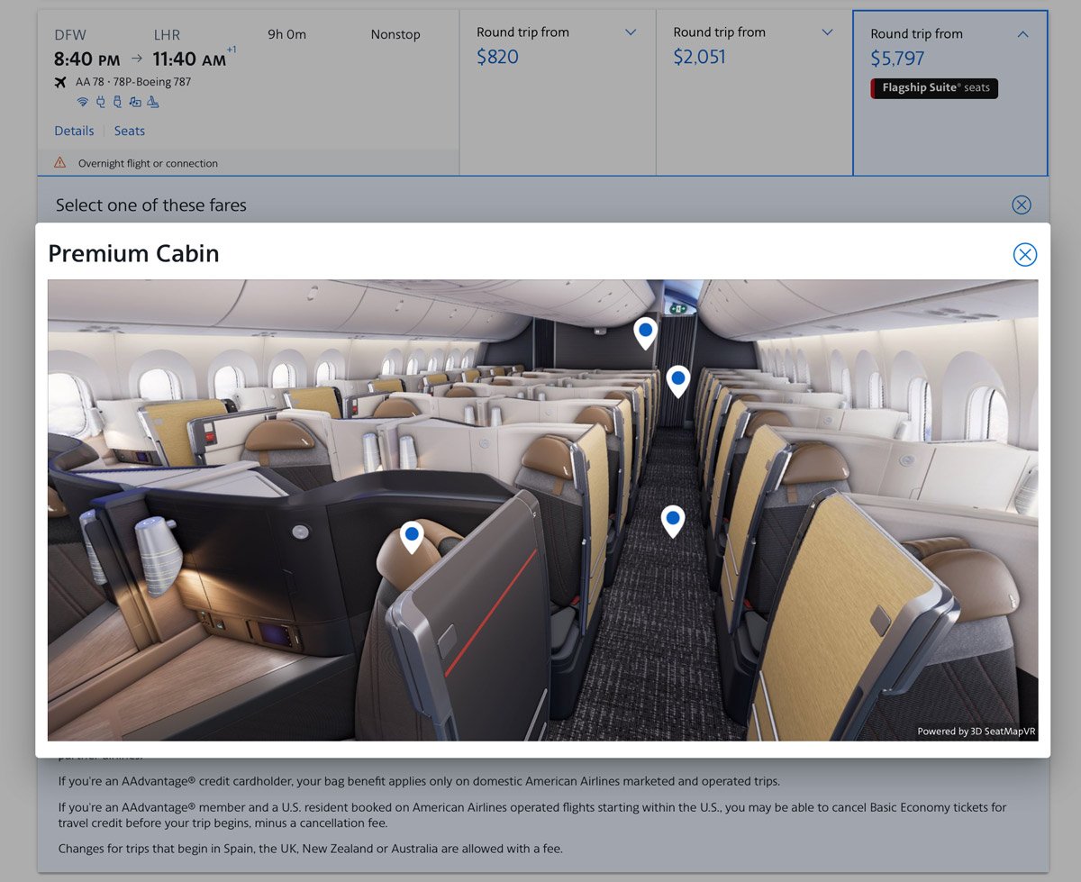 American Airlines 3D seat map preview