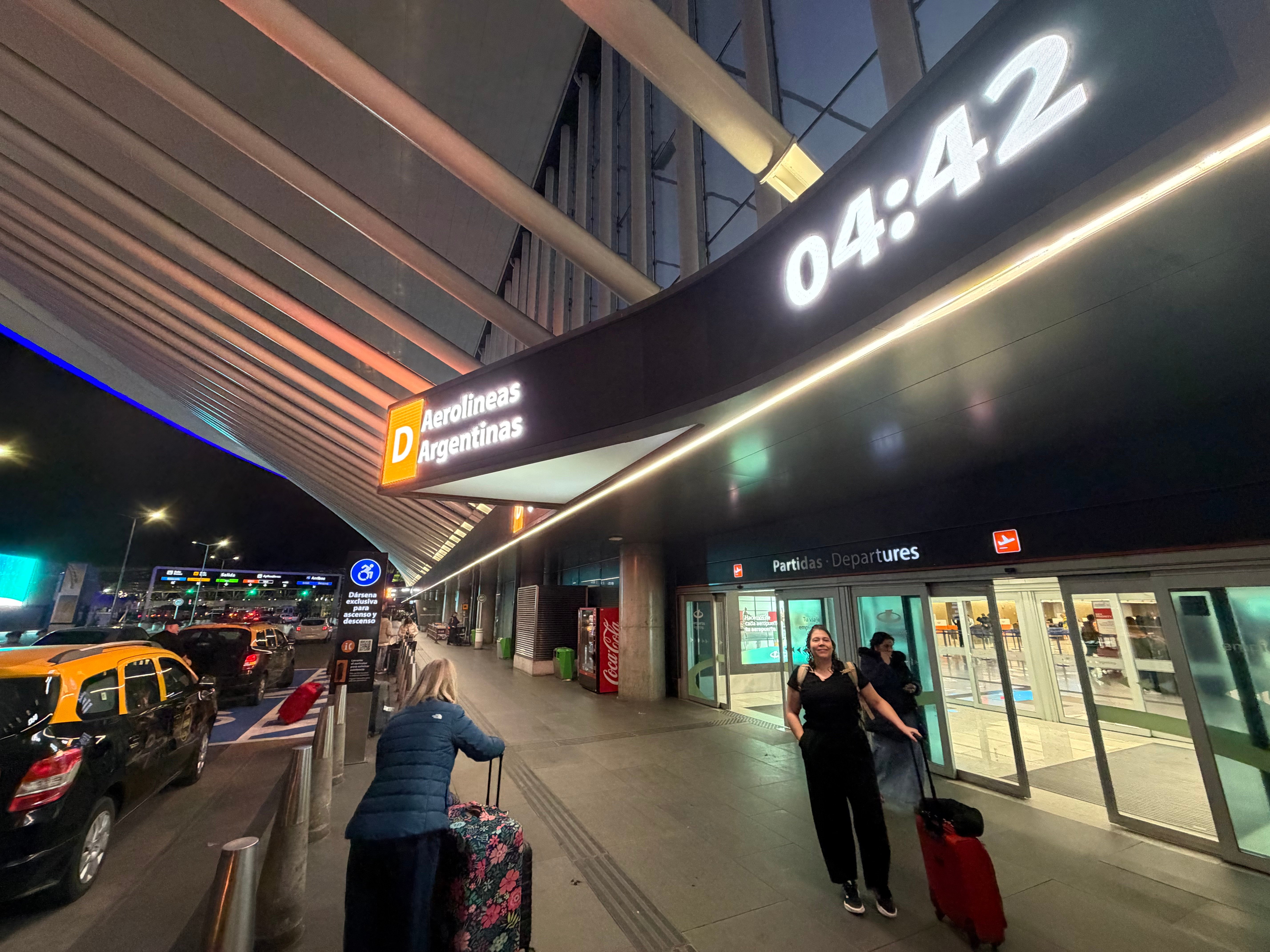 Early morning arrival outside the international departures terminal at Buenos Aires Ezeiza airport.