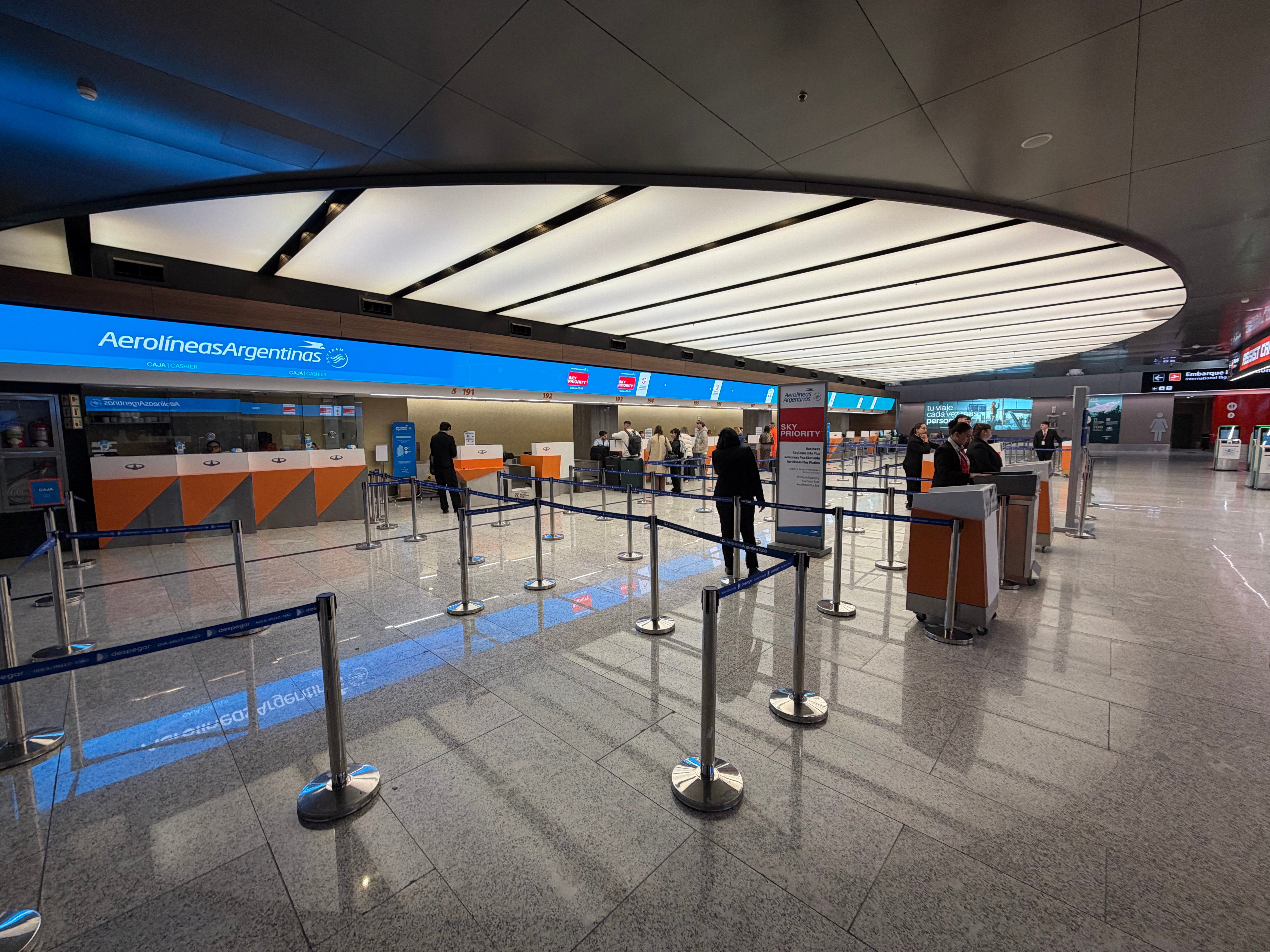 Aerolíneas Argentinas international check in counters at Buenos Aires Ezeiza airport.