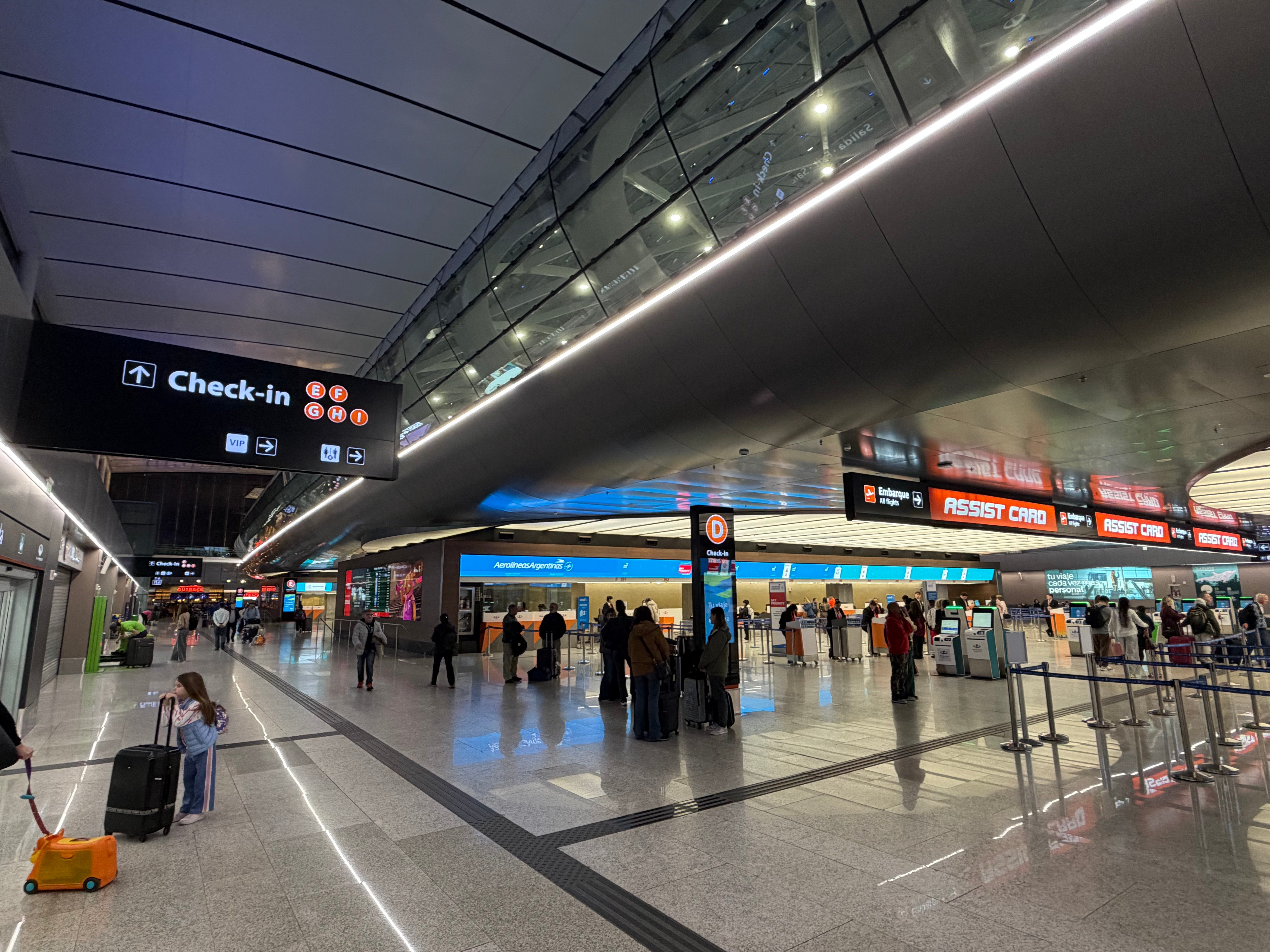 International check in hall inside Buenos Aires Ezeiza airport.