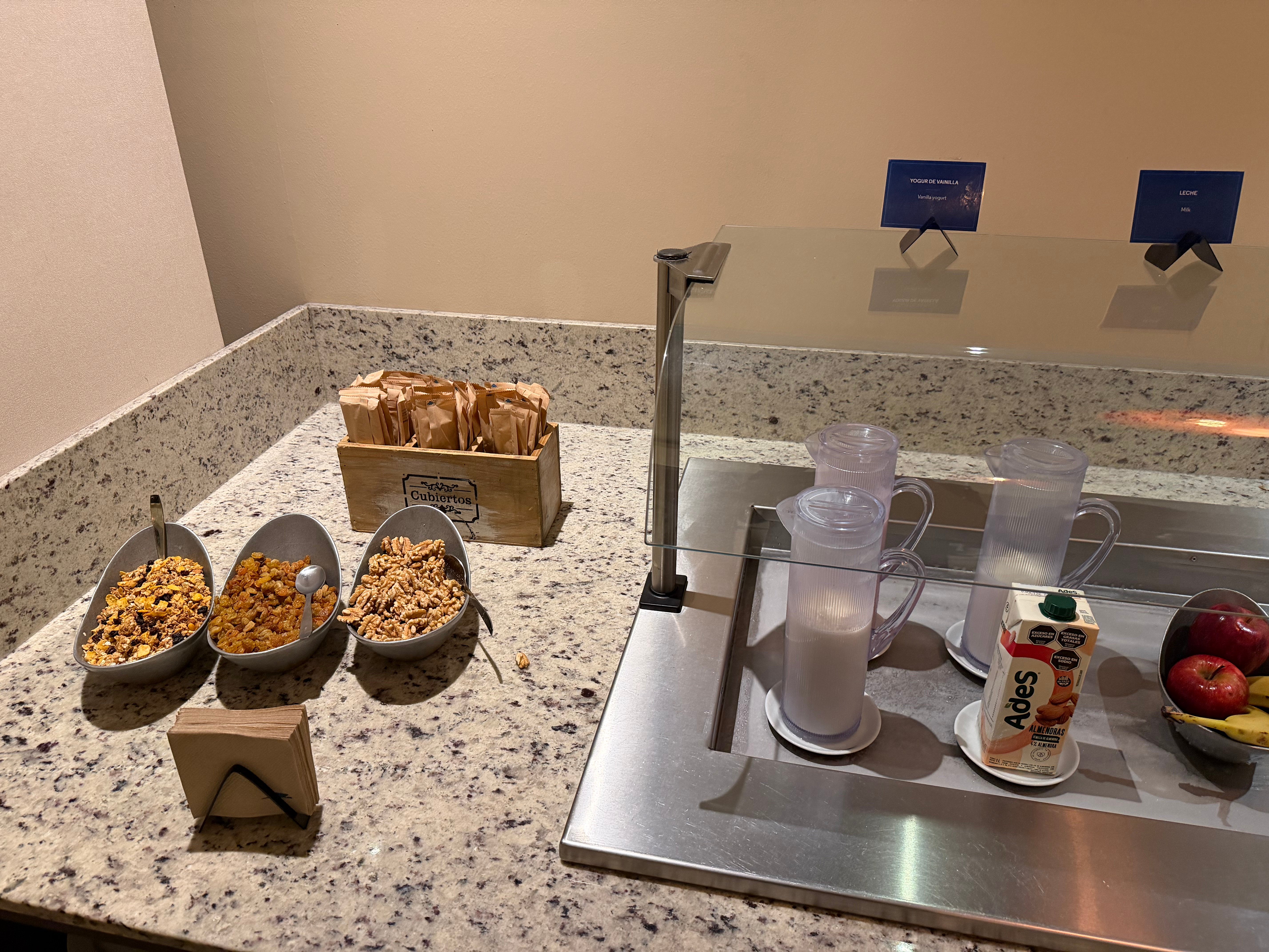 Cereal, yogurt, and fruit at the Aerolíneas Argentinas Condor Lounge.