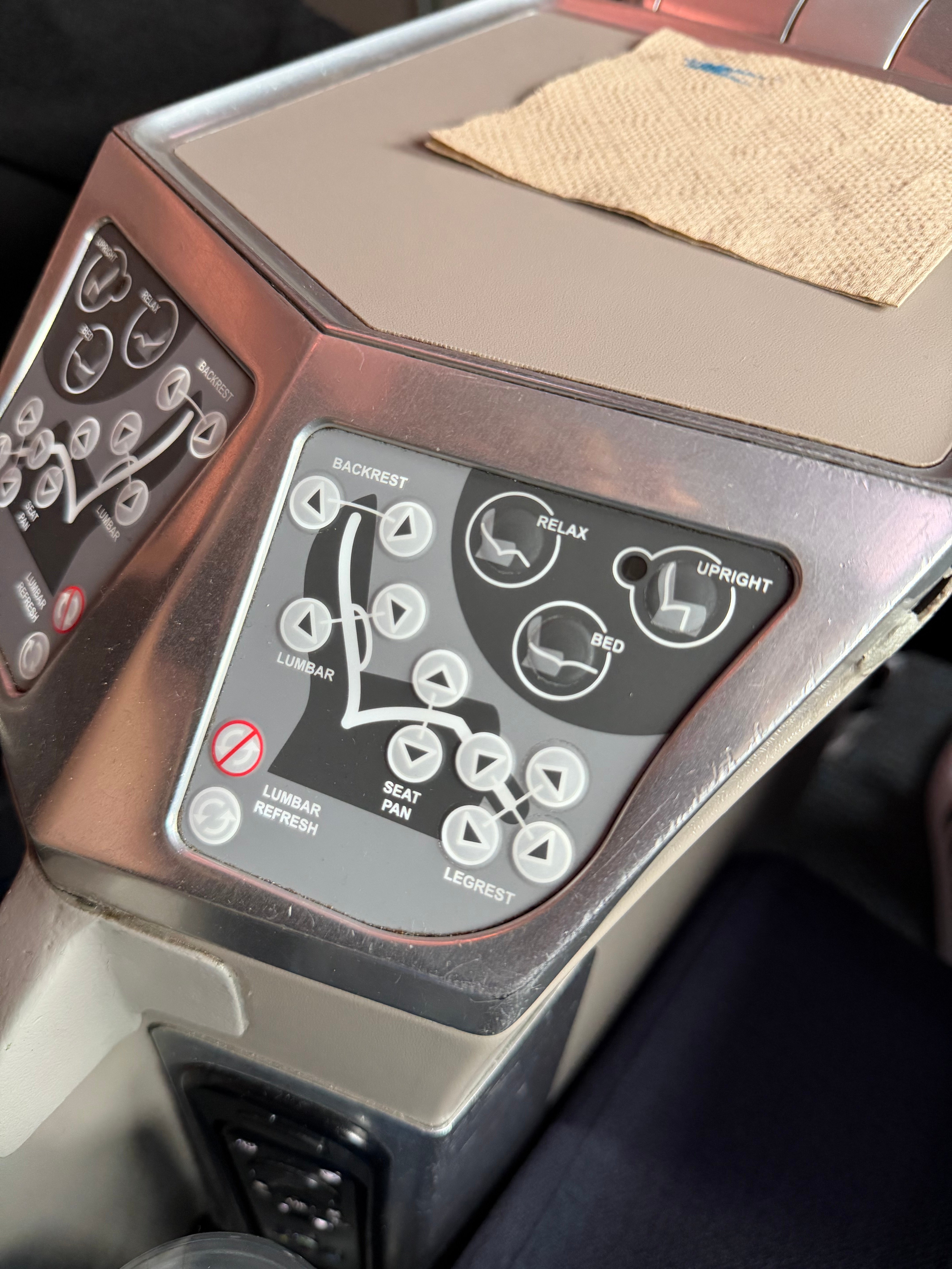 Electronic seat controls on the Aerolíneas Argentinas A330 Business Class seat.