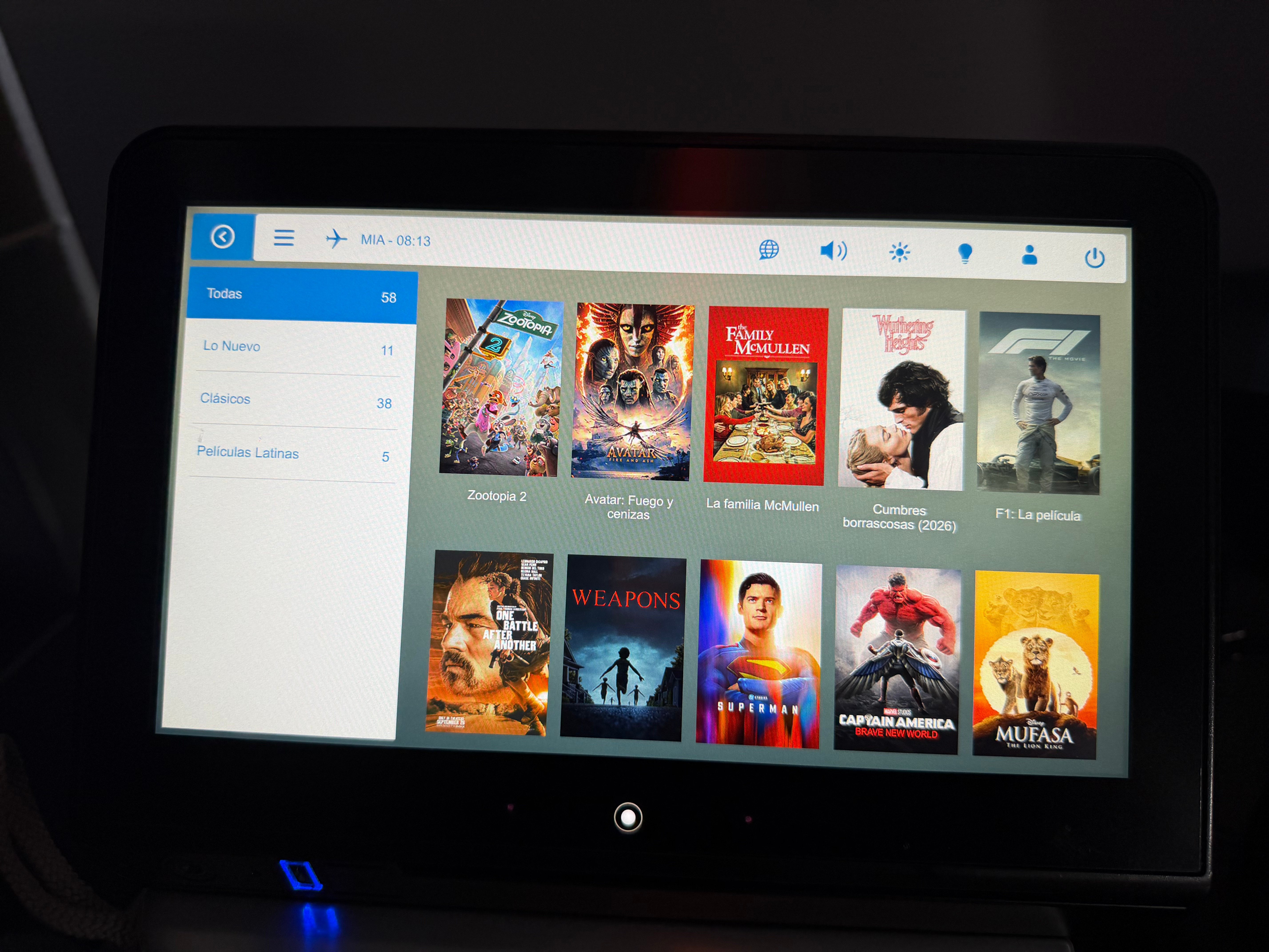 Main menu of the Aerolíneas Argentinas inflight entertainment system.