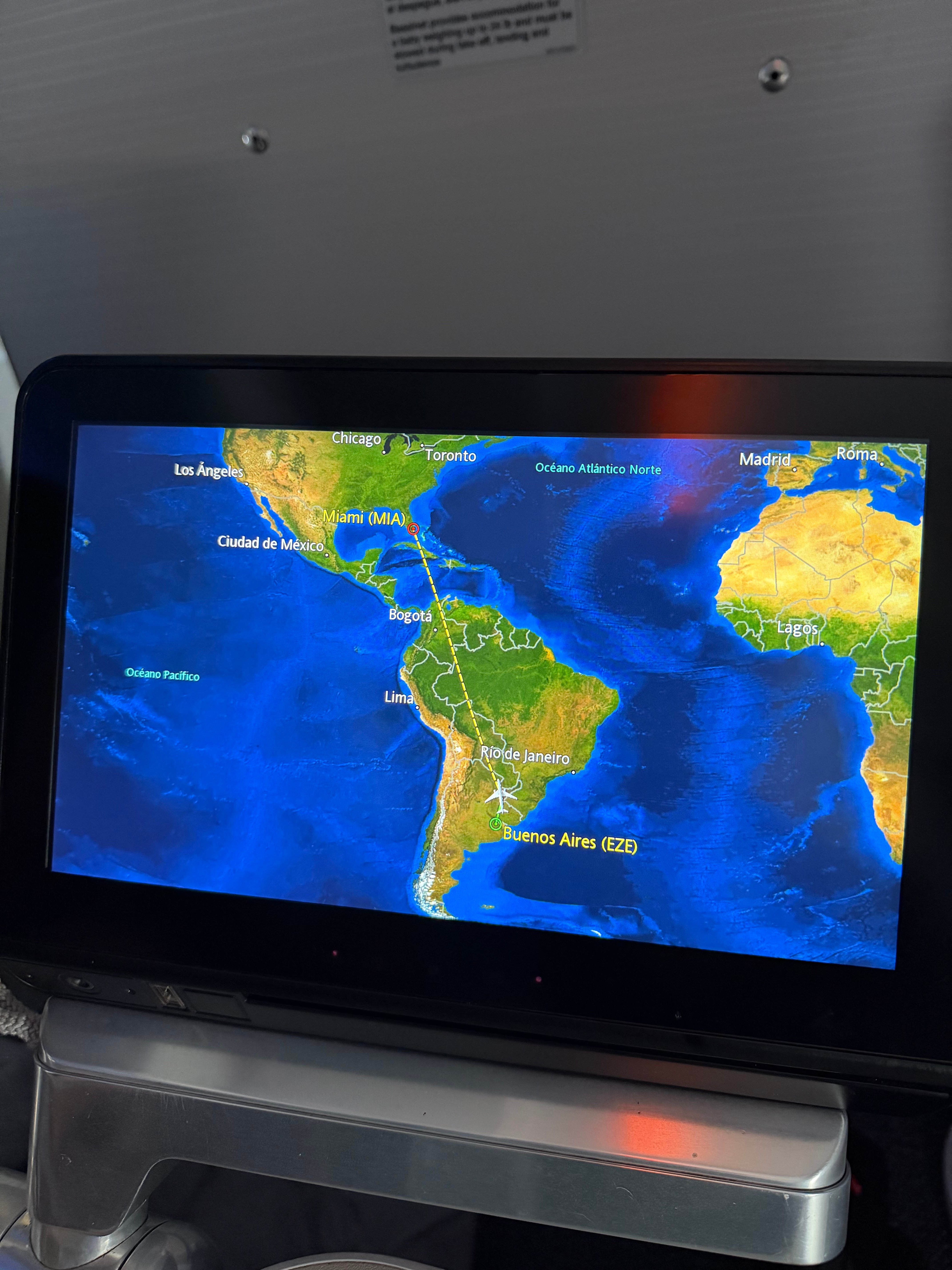 Moving map showing the flight heading north over South America.