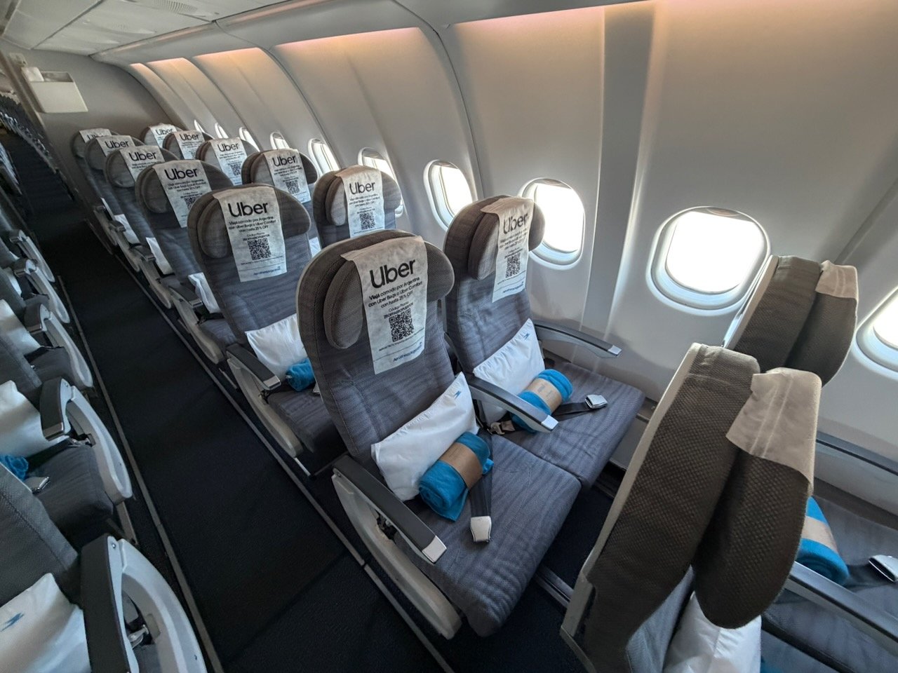 Empty Aerolíneas Argentinas A330 economy window-side seats before passengers boarded.