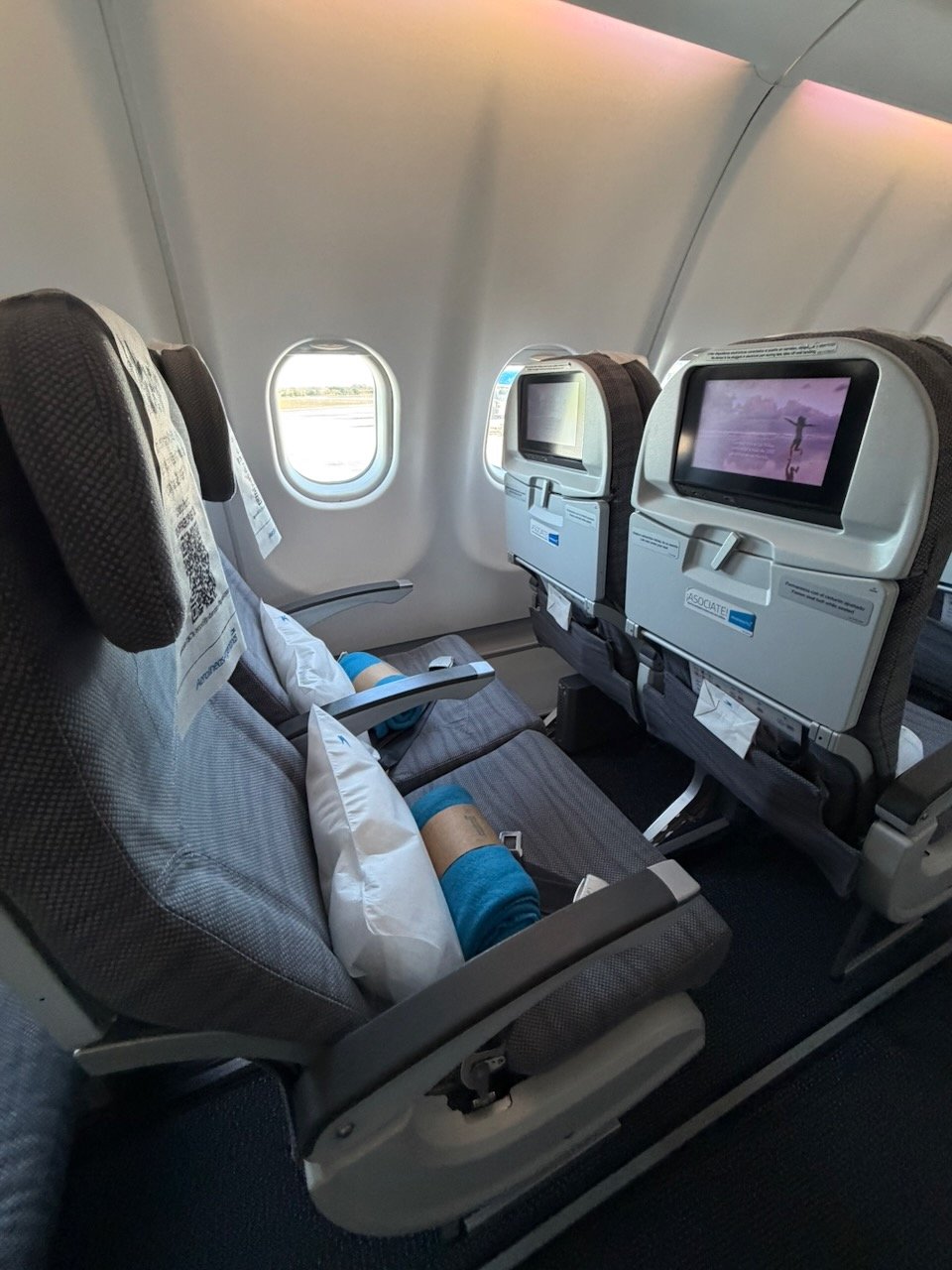 Aerolíneas Argentinas A330 economy seat profile with seatback entertainment screen.
