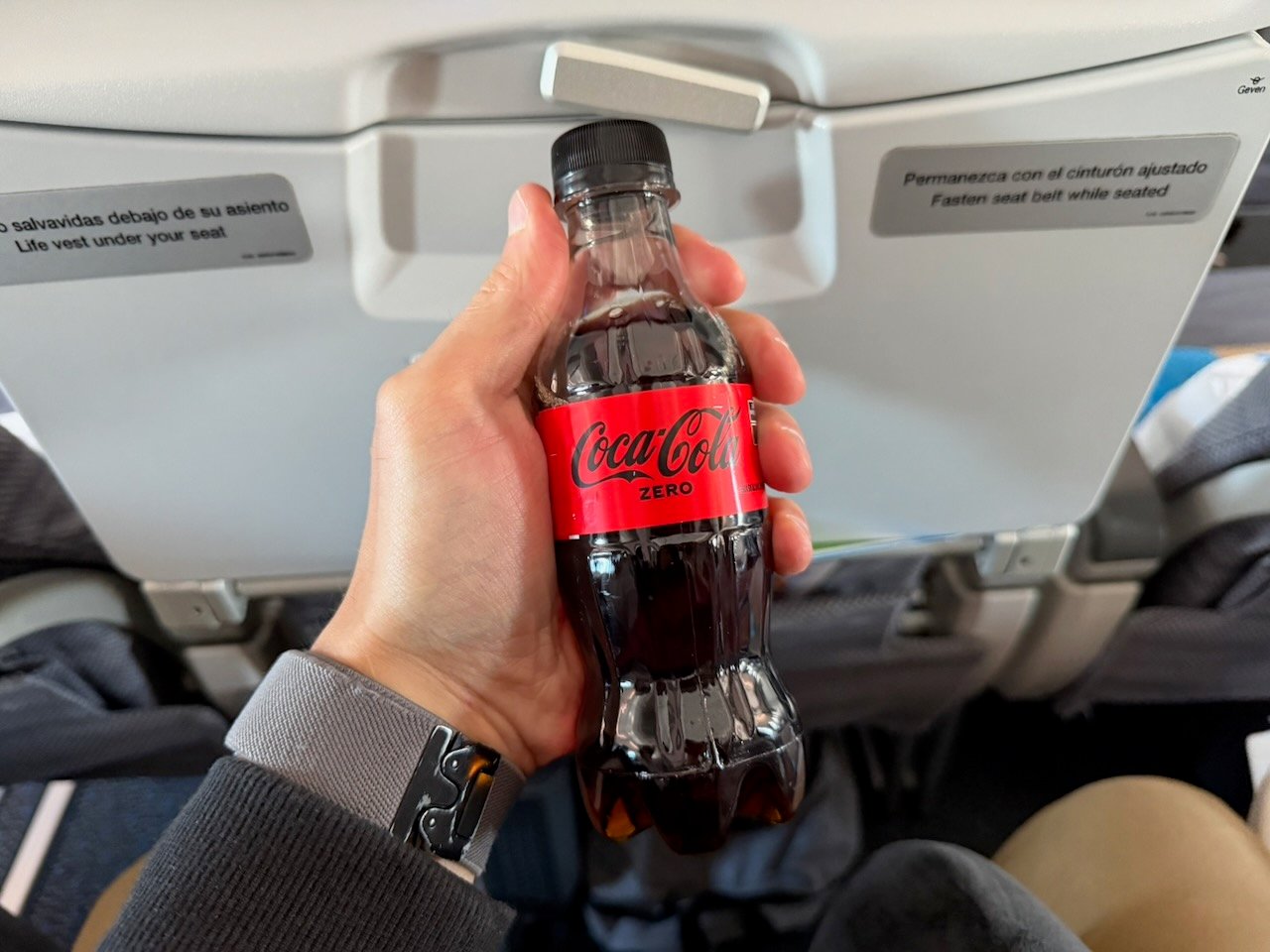 Coca Cola Zero bottle offered during boarding on Aerolíneas Argentinas economy.