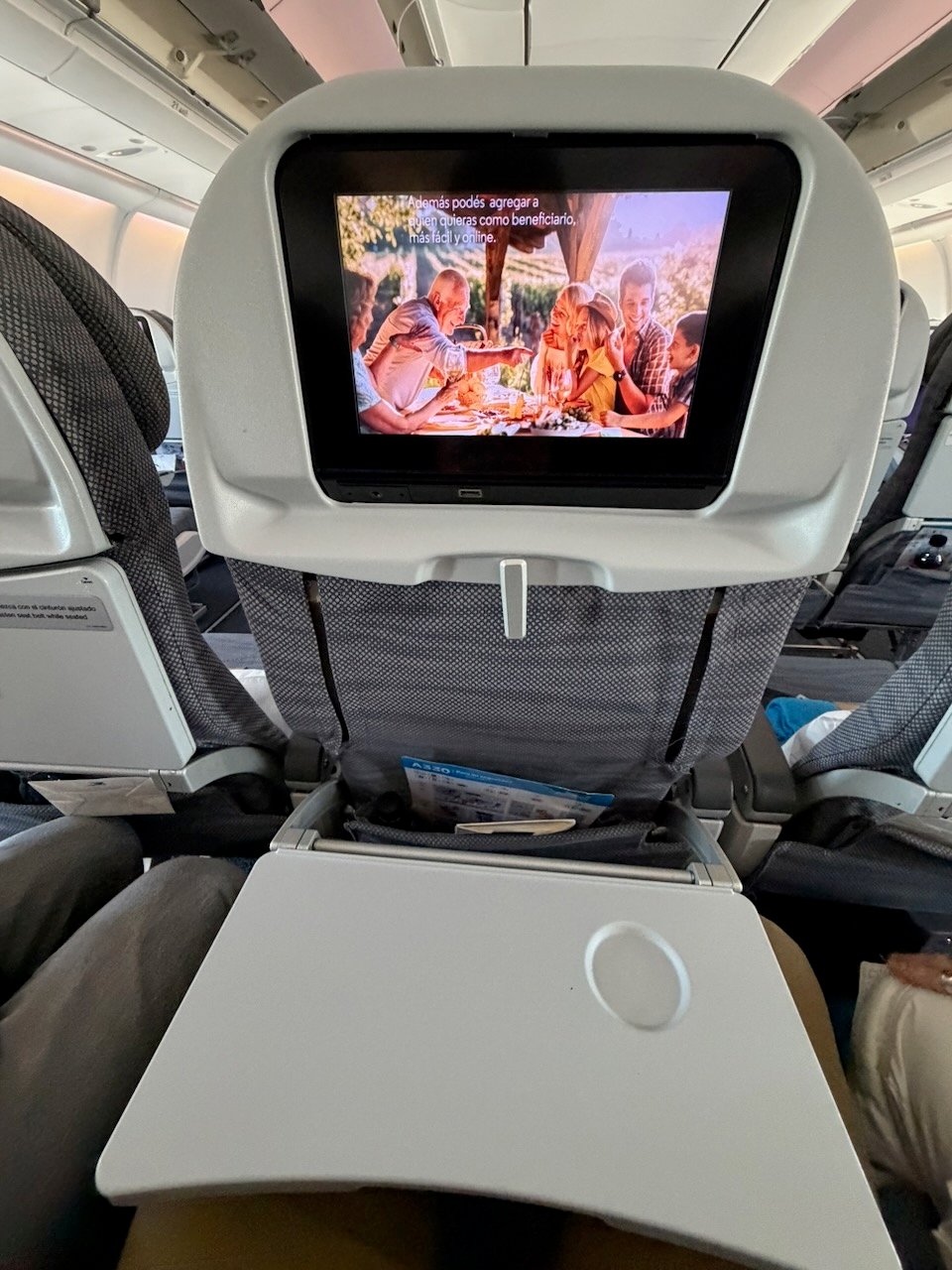 Tray table and seatback entertainment screen in Aerolíneas Argentinas A330 economy.