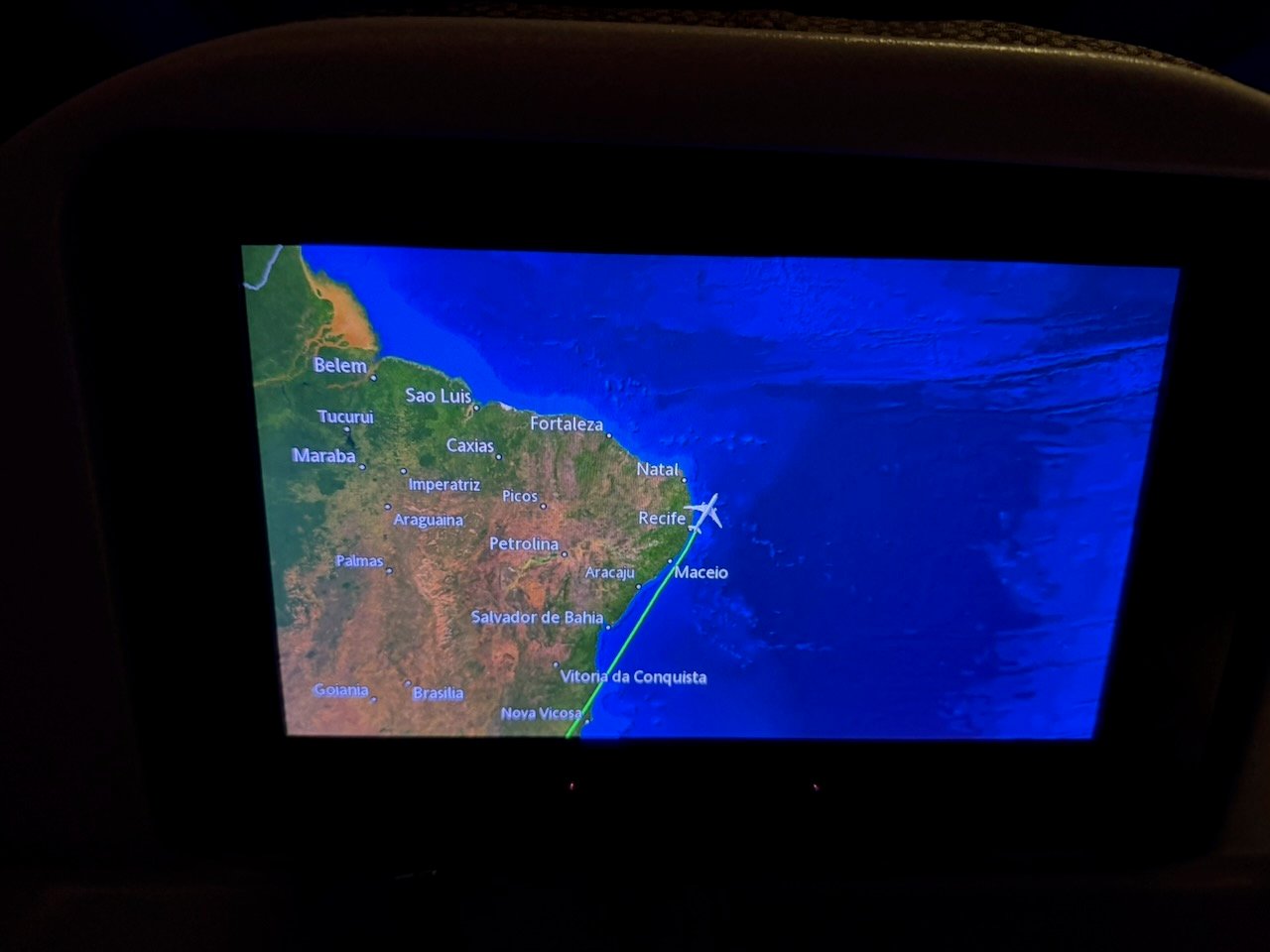 Moving map on the Aerolíneas Argentinas A330 showing the flight over Brazil.