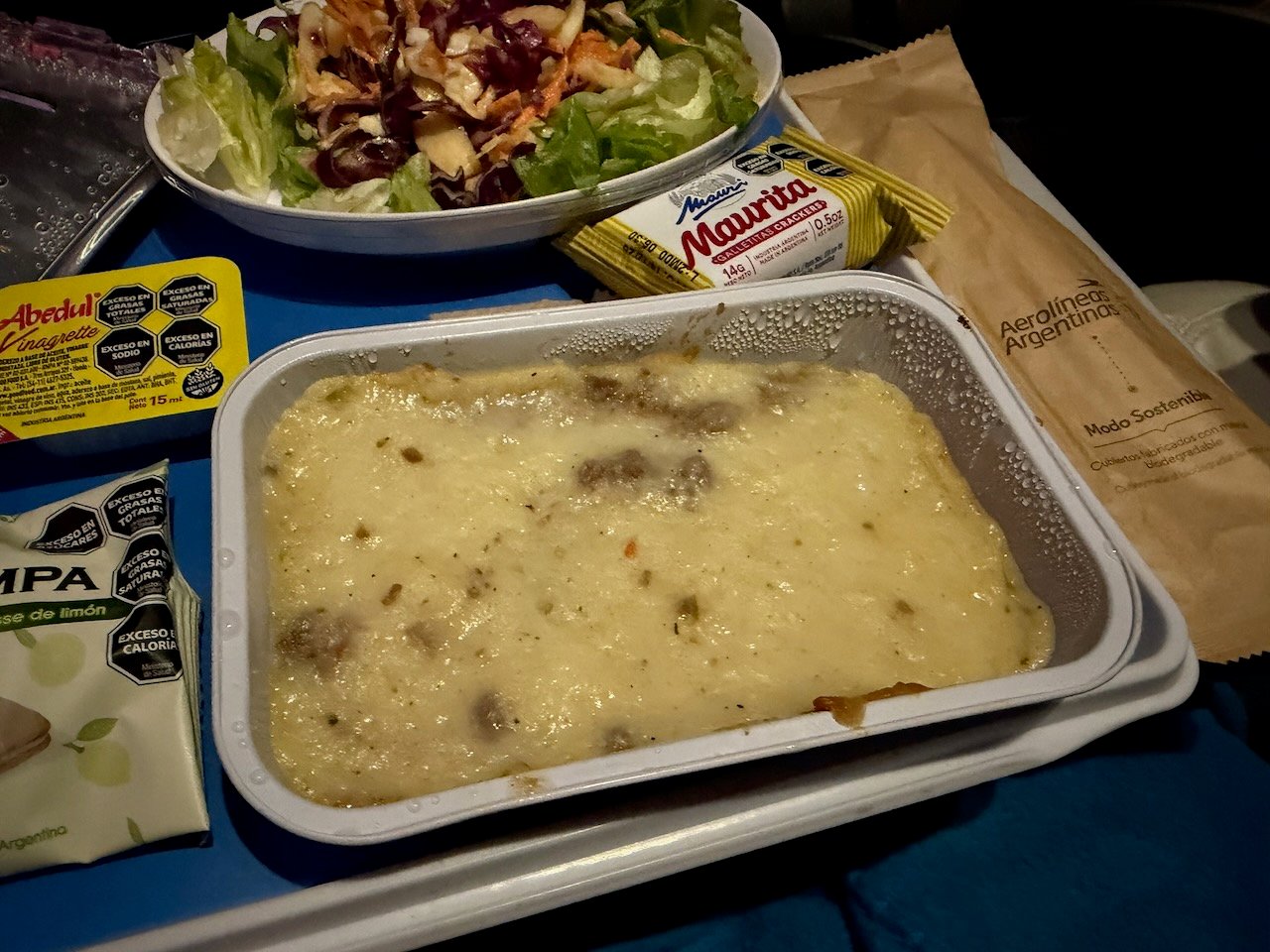 Close-up of the hot main course served in Aerolíneas Argentinas economy.