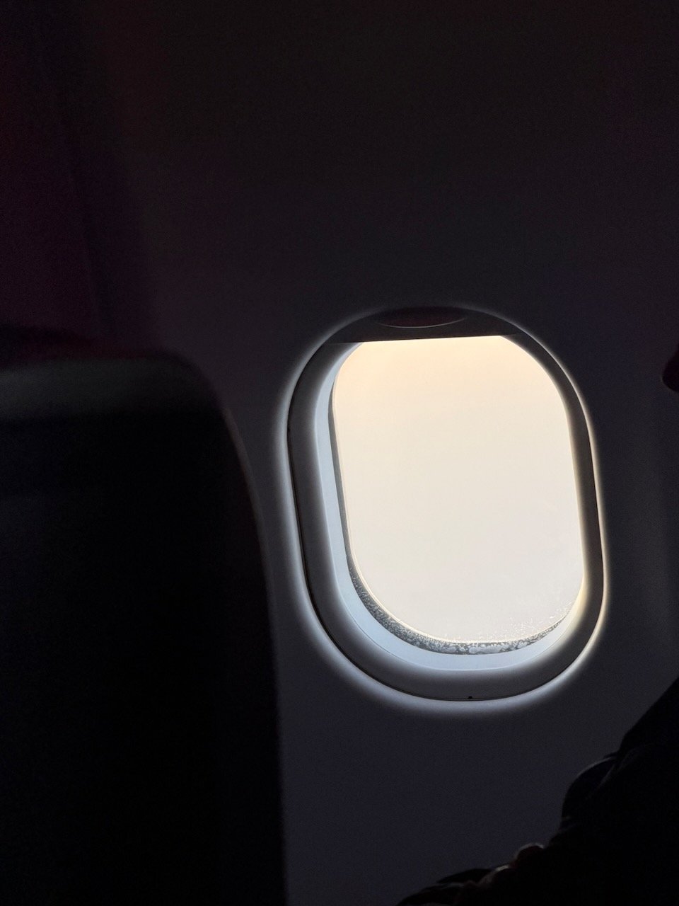 Dawn view from the aircraft window before arrival in Madrid.
