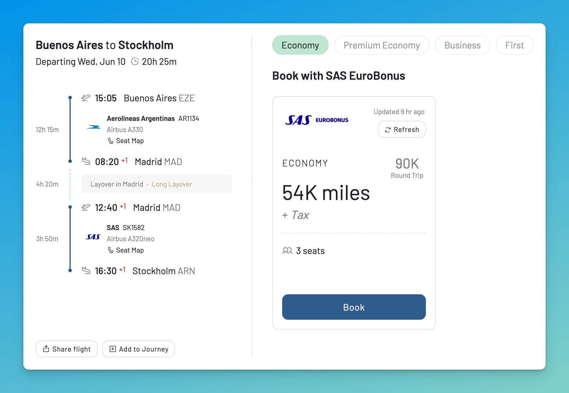 AwardFares search showing Aerolíneas Argentinas and SAS EuroBonus pricing from Buenos Aires to Stockholm via Madrid.