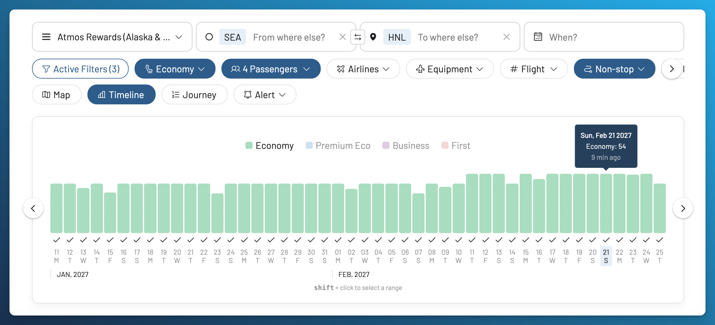 AwardFares Timeline for Seattle to Honolulu with Atmos Rewards, Economy, four passengers, and nonstop flights selected, showing availability across many dates.