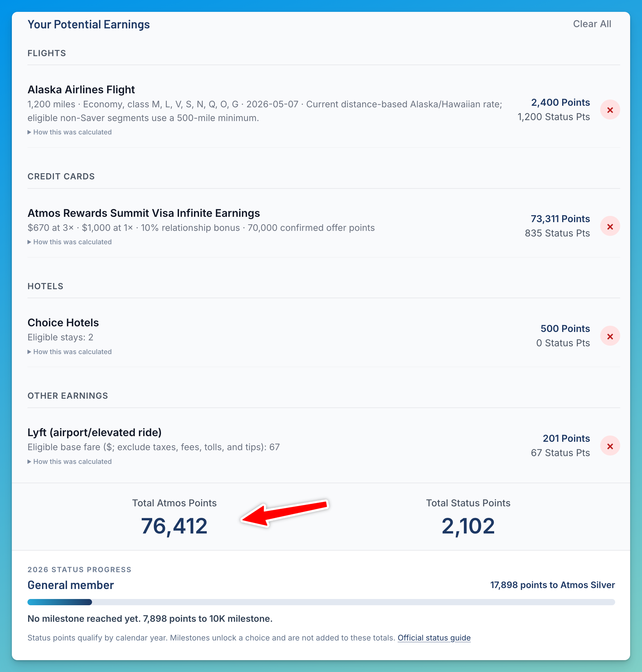 AwardFares Atmos Rewards Calculator showing flight and credit-card earnings, total Atmos points and status progress.