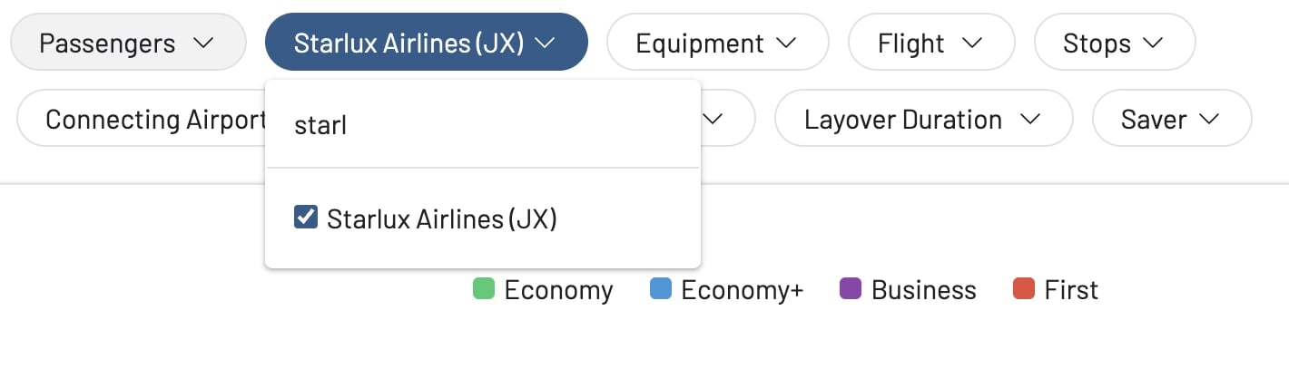 Filter for specific airlines like Japan Airlines to find partner awards.