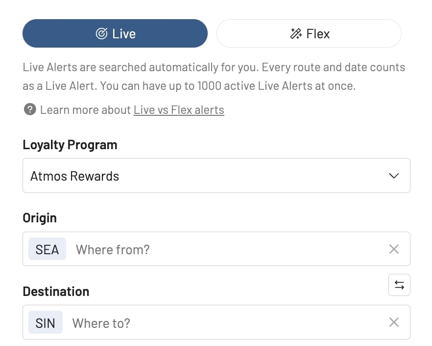 Setting an award alert for an Atmos Rewards flight.