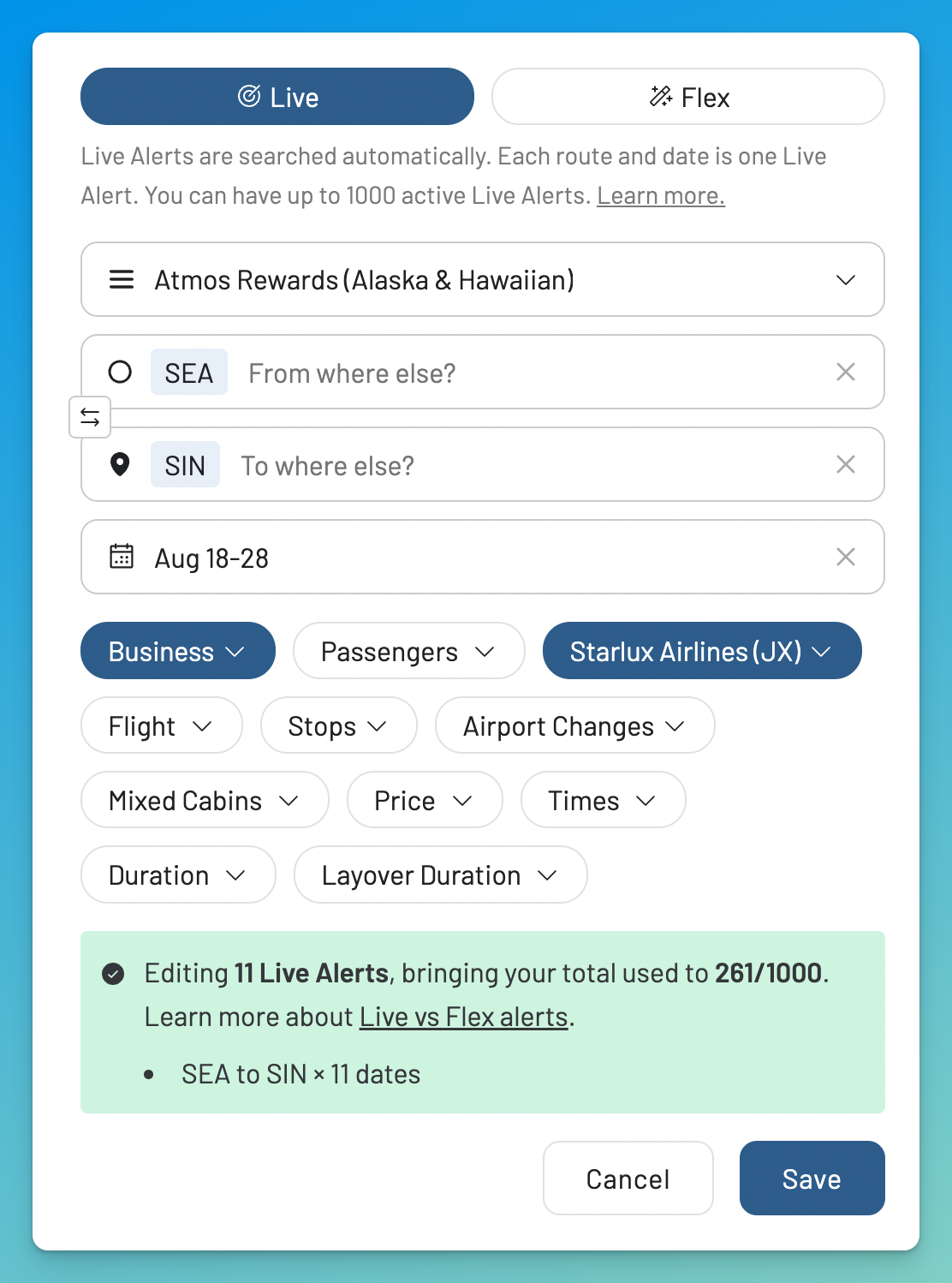 Create an AwardFares alert for Atmos Rewards award availability.