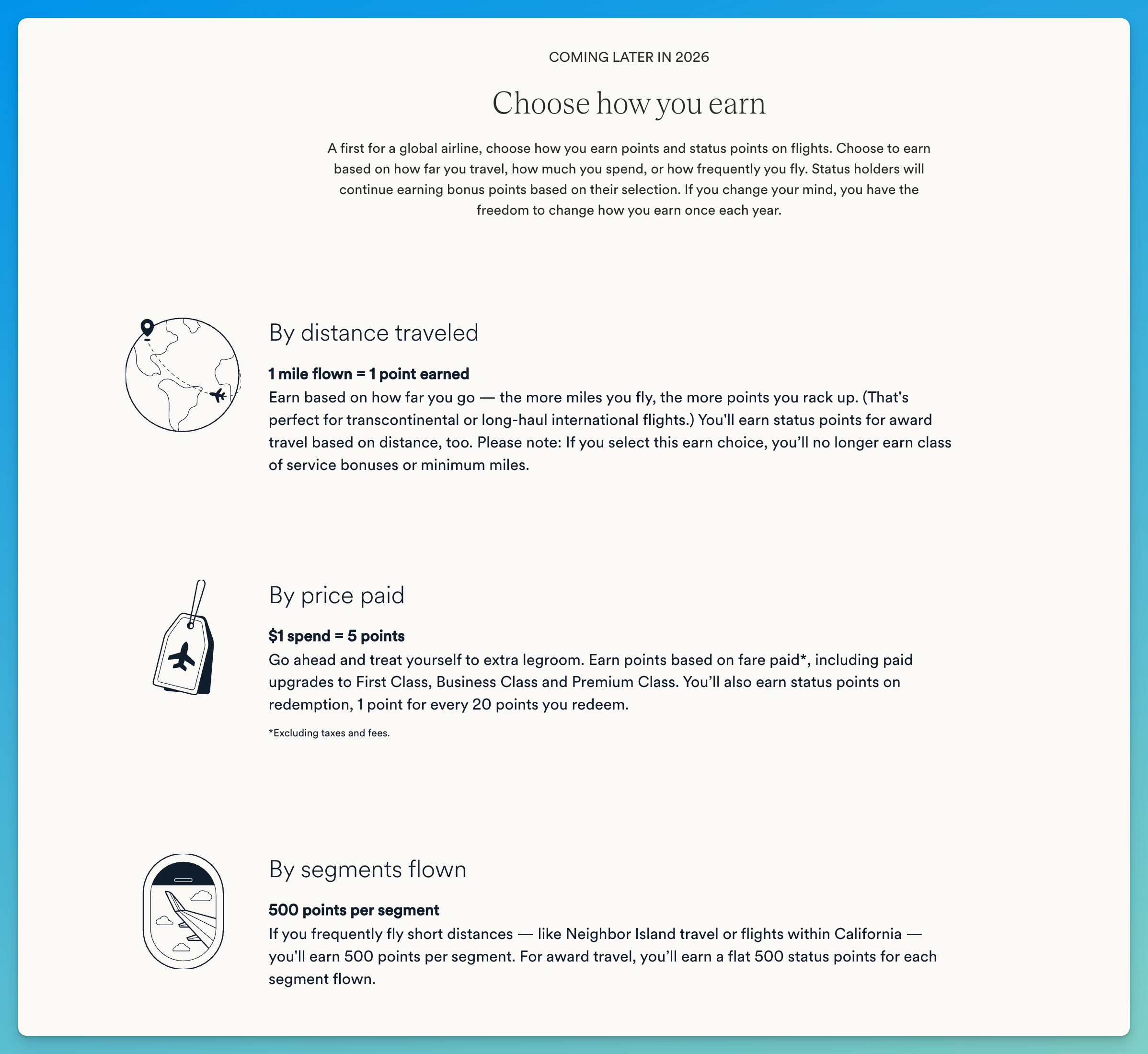 Atmos Rewards 2026 choice-based earning options: distance traveled, price paid, or segments flown.