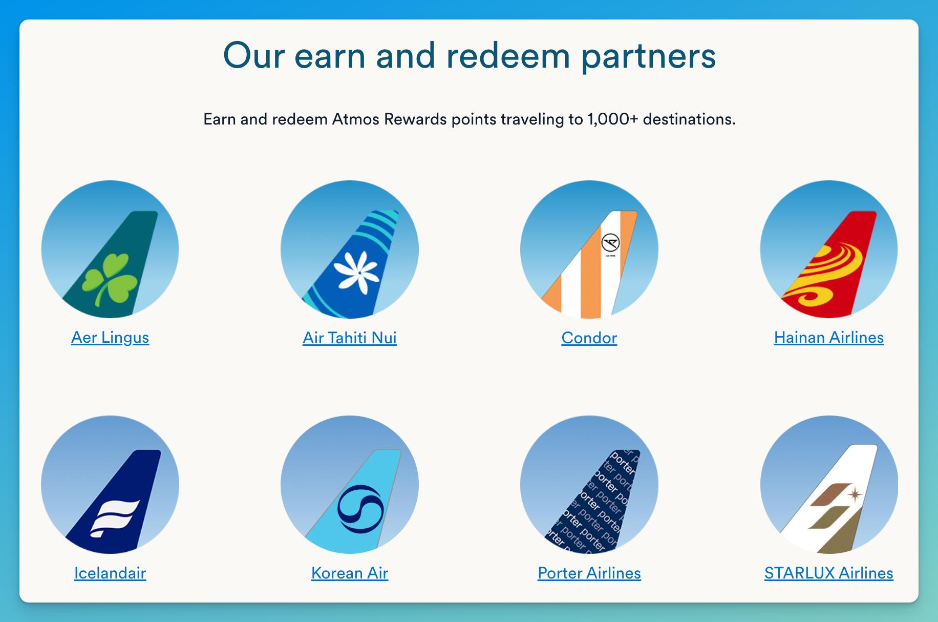 Atmos Rewards non-alliance airline partners that support both earning and redemptions.