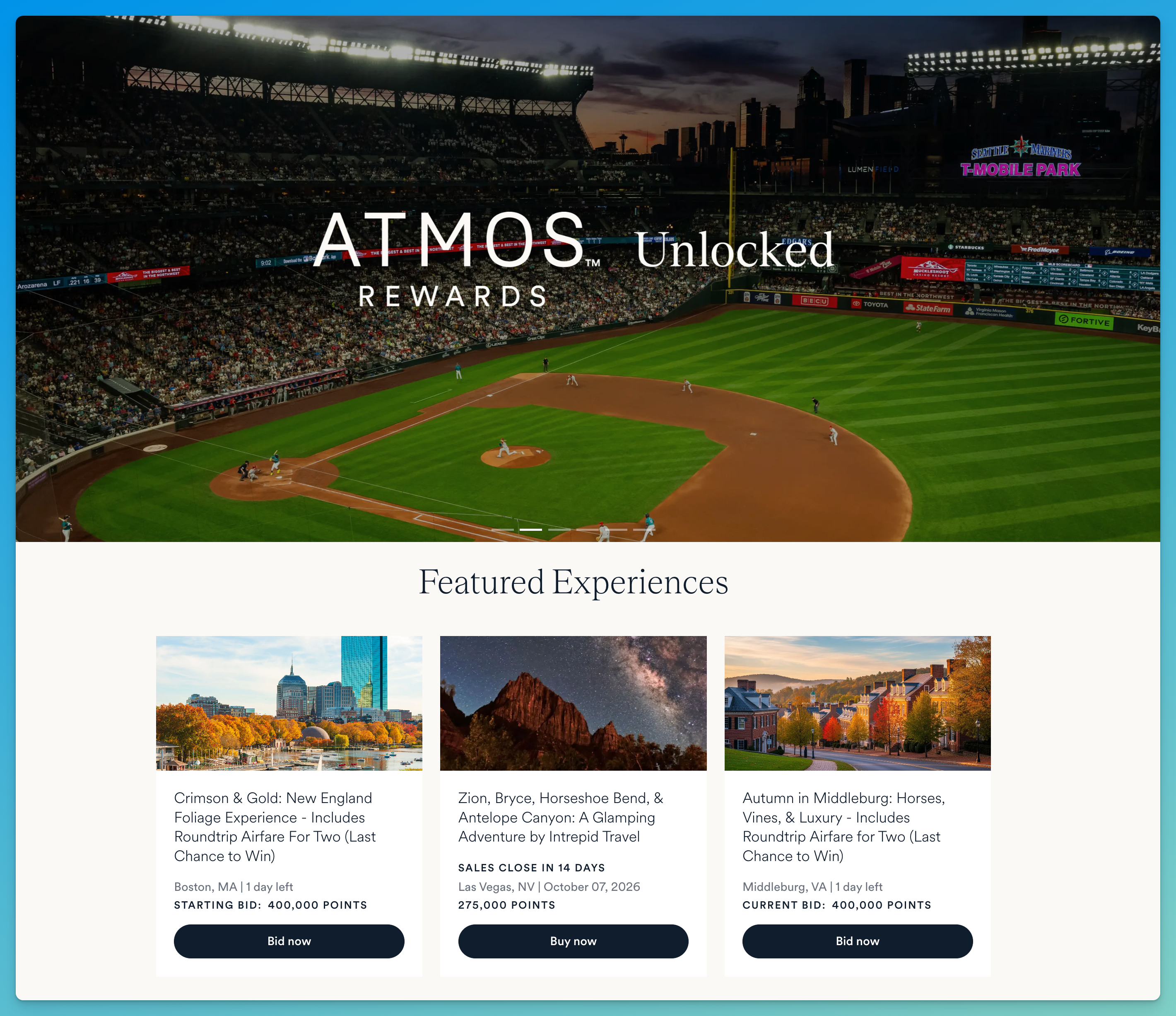 Atmos Rewards Unlocked auctions and fixed-price experiences that members can book with points.