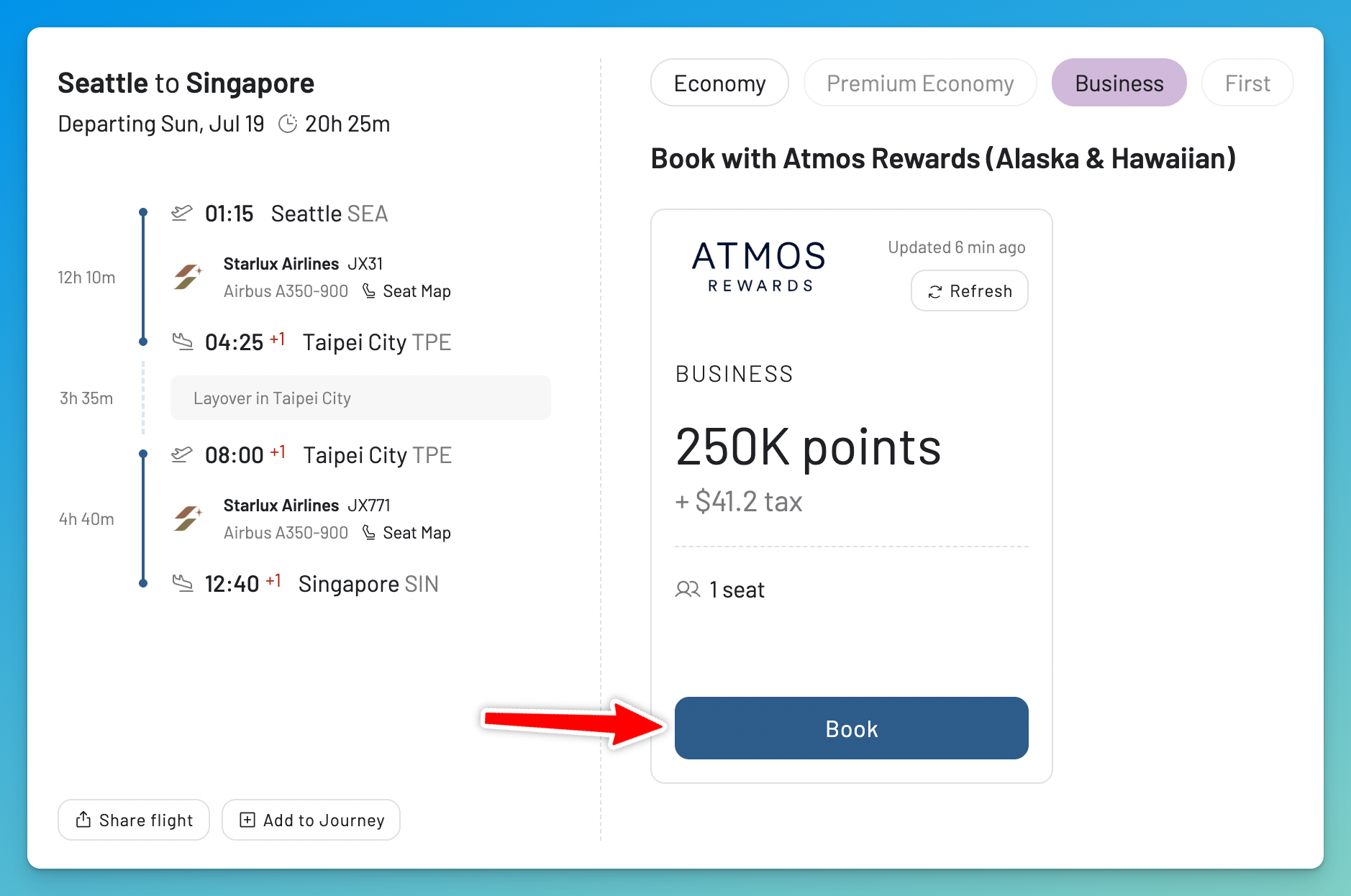 Open an Atmos Rewards result and complete the award booking on Alaska Airlines.