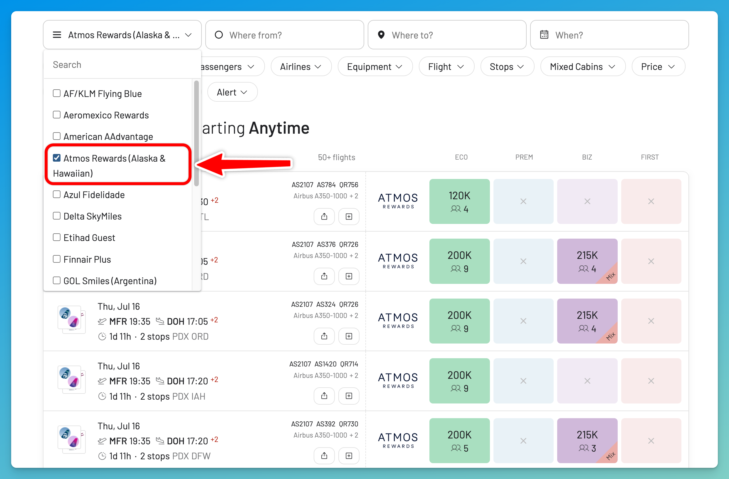 Select Atmos Rewards in AwardFares before searching for award flights.