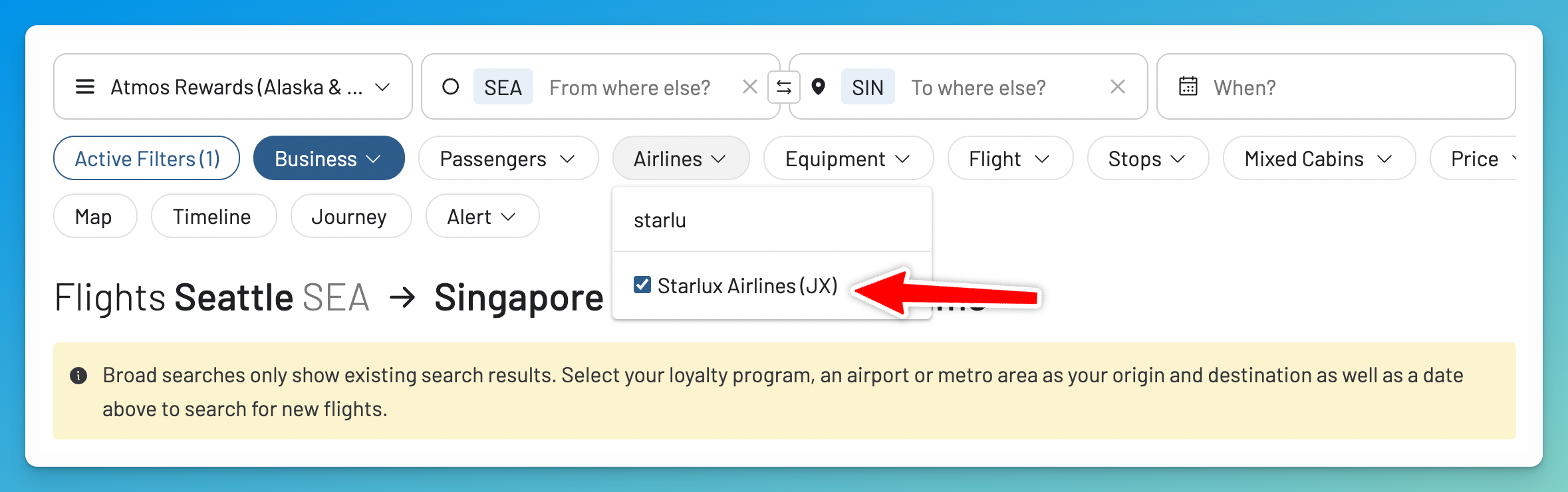 AwardFares filters for airlines, cabins, stops, and mixed-cabin Atmos Rewards results.