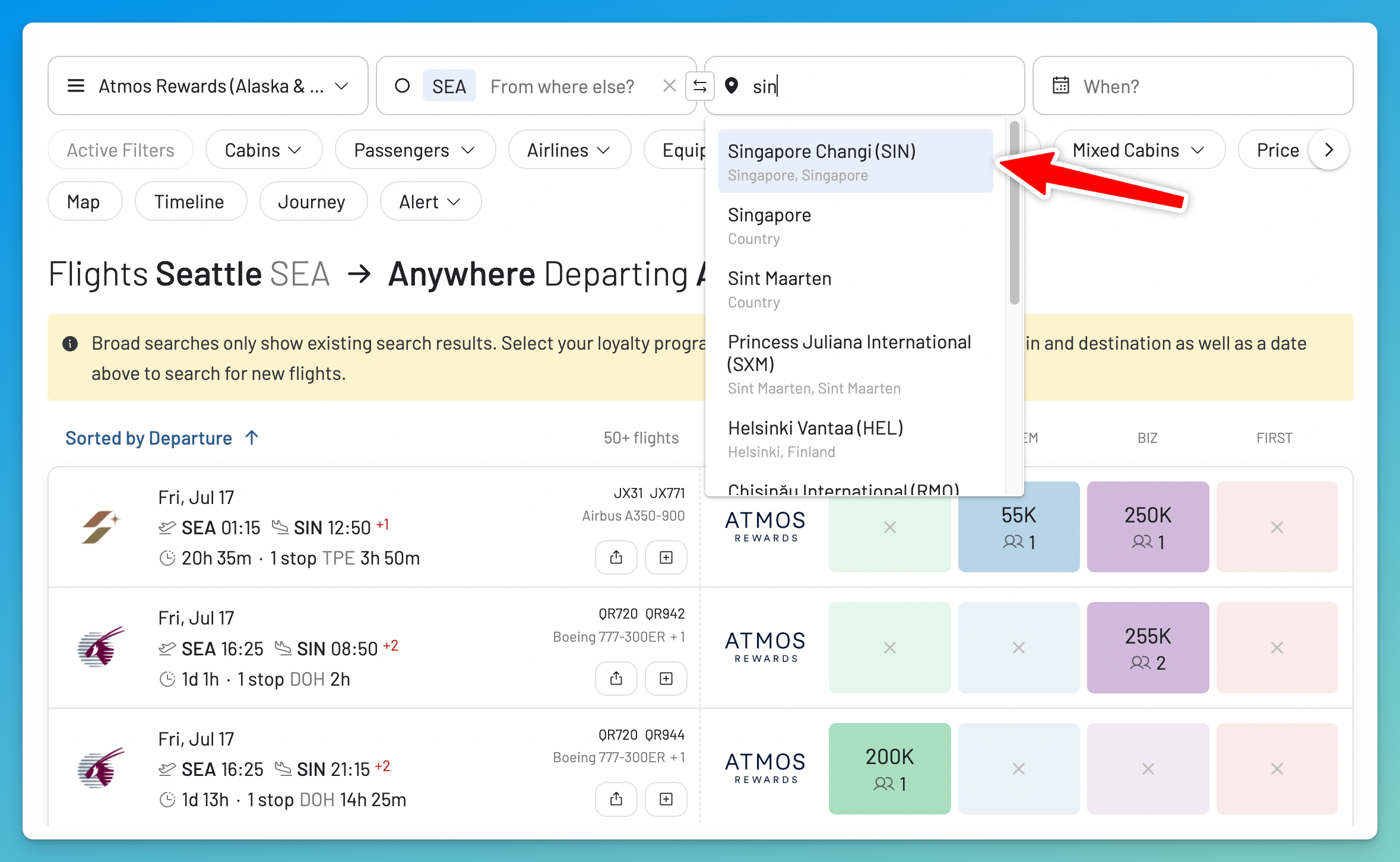 Add departure and arrival airports to an Atmos Rewards search in AwardFares.