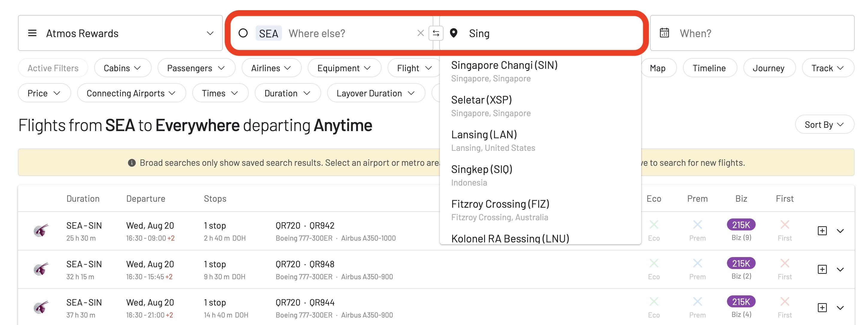 Select the origin and destination to search for Atmos Rewards award flights.