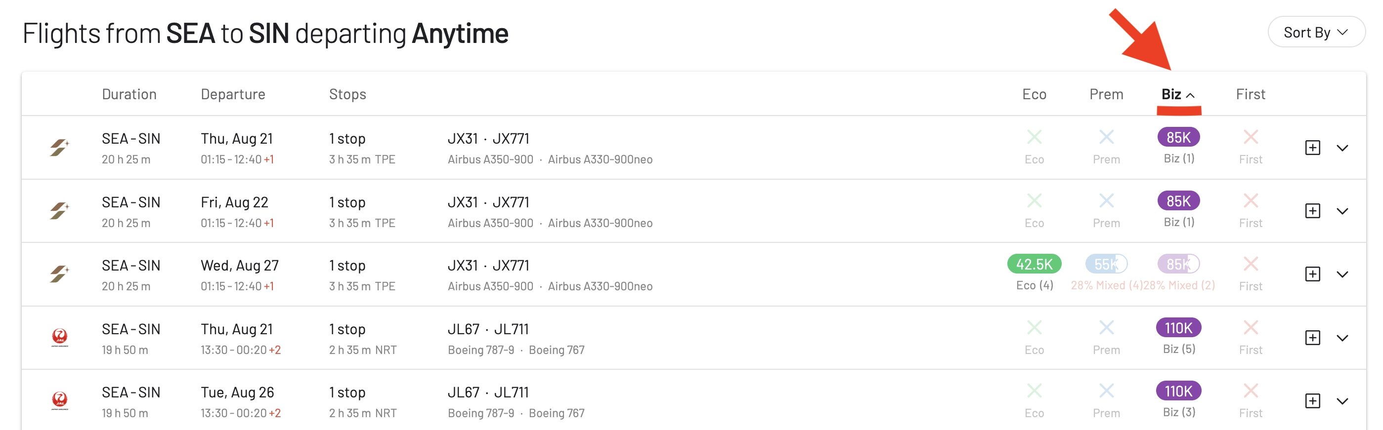 Sort results by price to instantly find the cheapest Business Class awards.