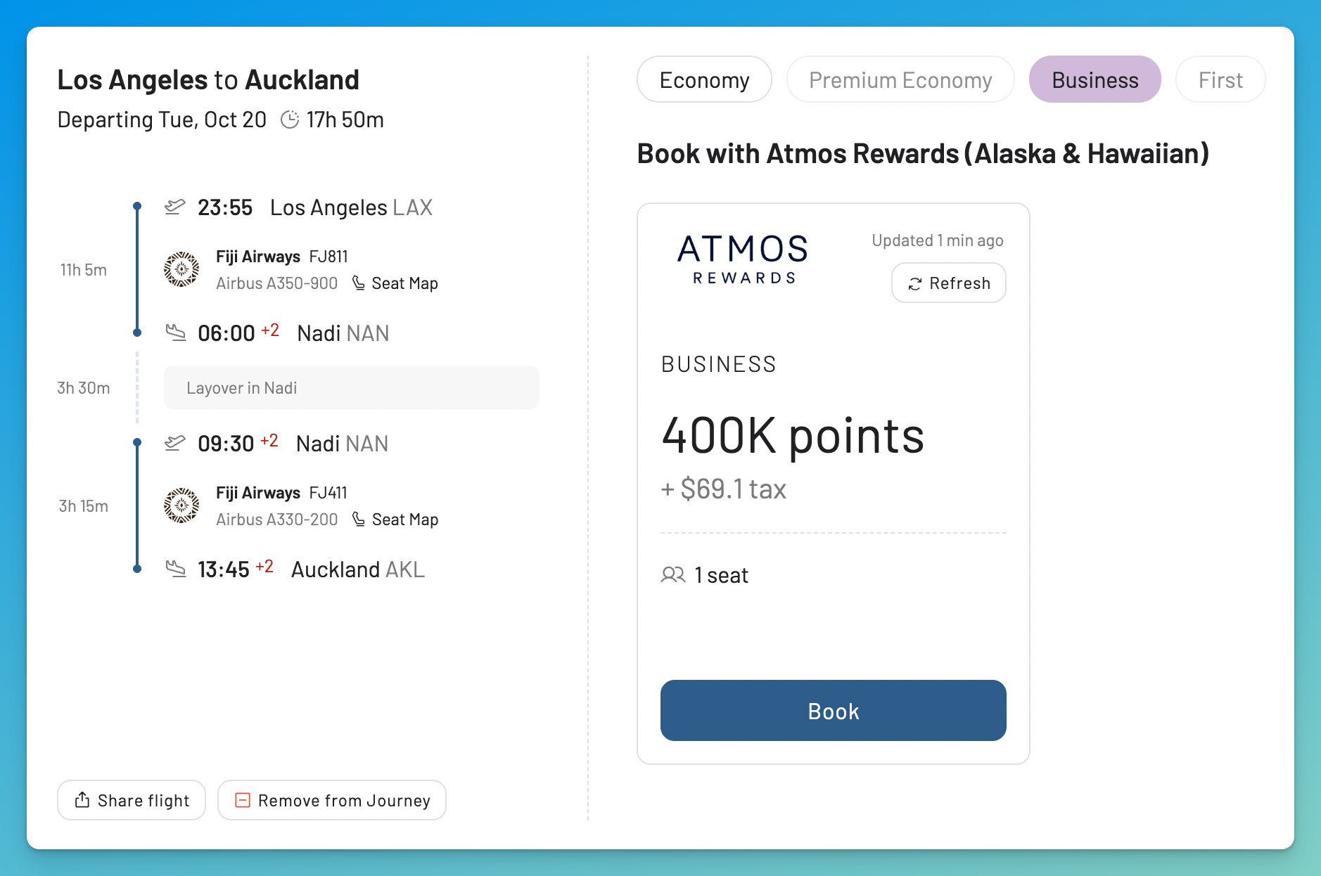 AwardFares showing a live Fiji Airways Business Class itinerary from Los Angeles to Auckland via Nadi for 400,000 Atmos points.