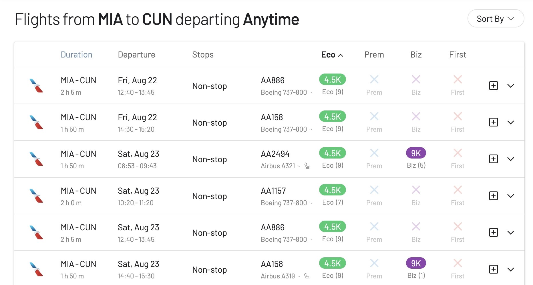 Miami to Cancun in Economy Class for 4,500 Atmos Rewards points.