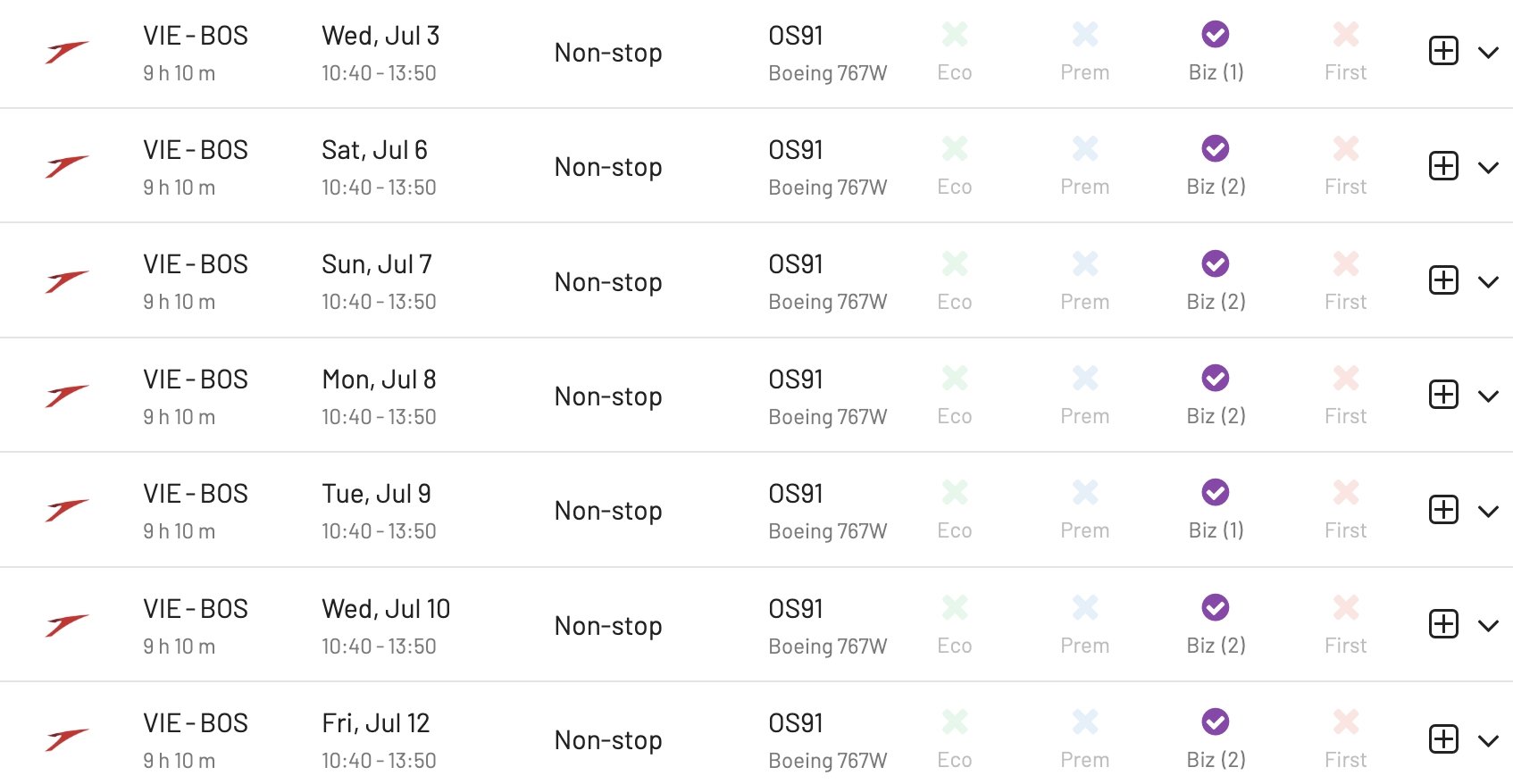 Austrian New Route To Boston availability.