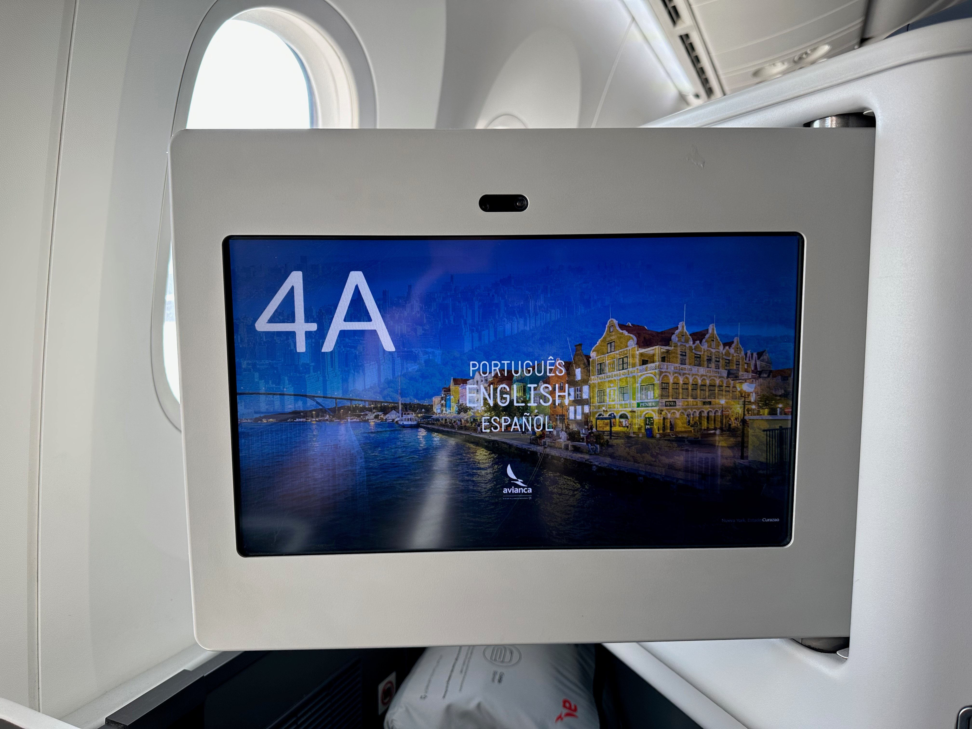 Entertainment welcome screen displaying seat 4A.