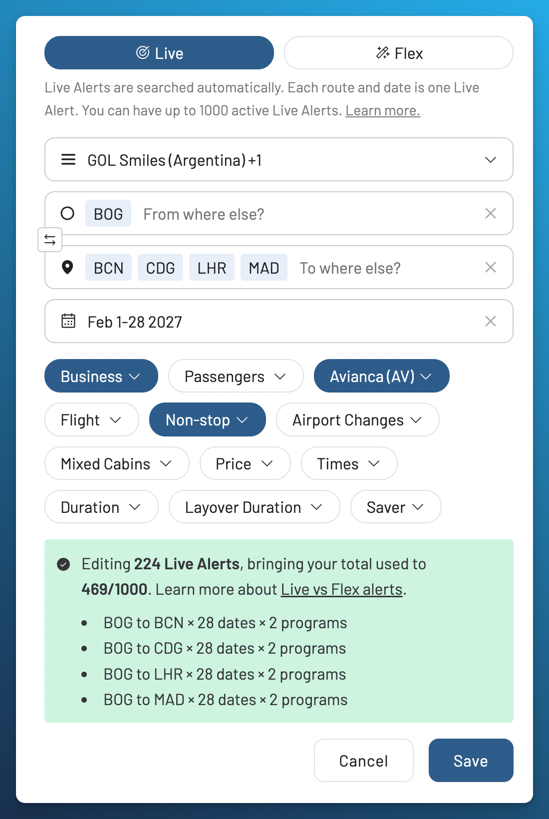 Live Alert editor for Bogotá to Barcelona, Paris, London, and Madrid in February 2027, showing 224 Alerts across two programs.