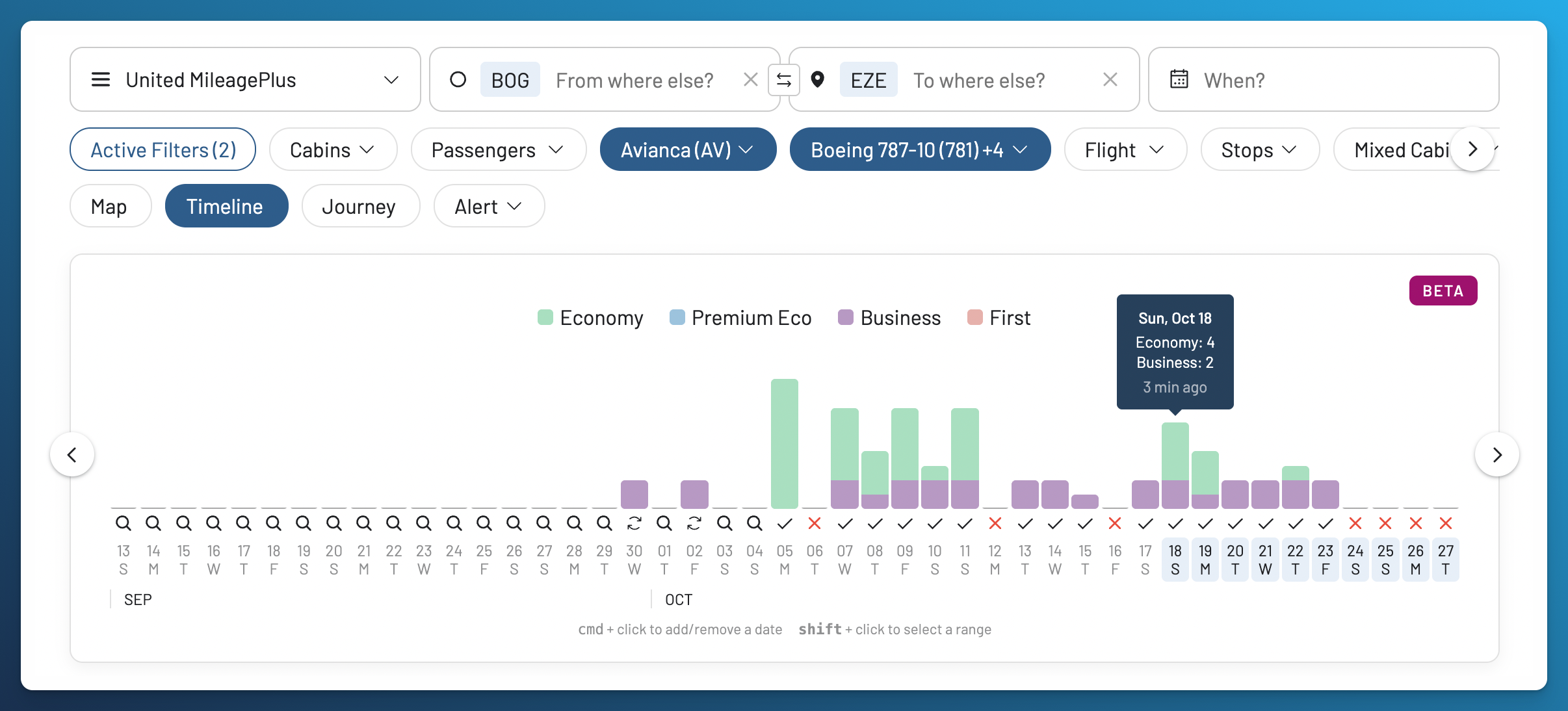 AwardFares MileagePlus Timeline for Bogotá to Buenos Aires with Avianca and equipment filters.