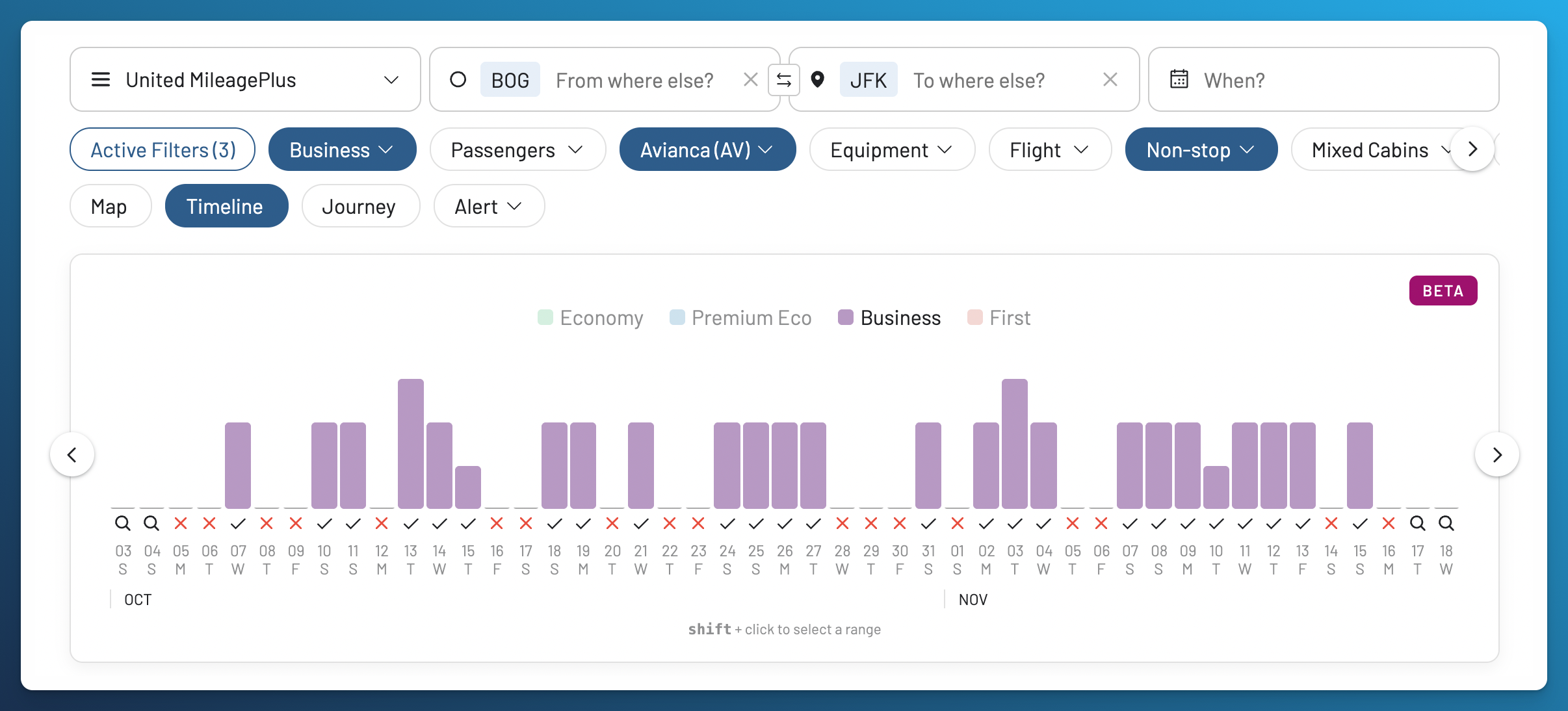 United MileagePlus Timeline for Avianca Business Class from Bogotá to New York JFK.