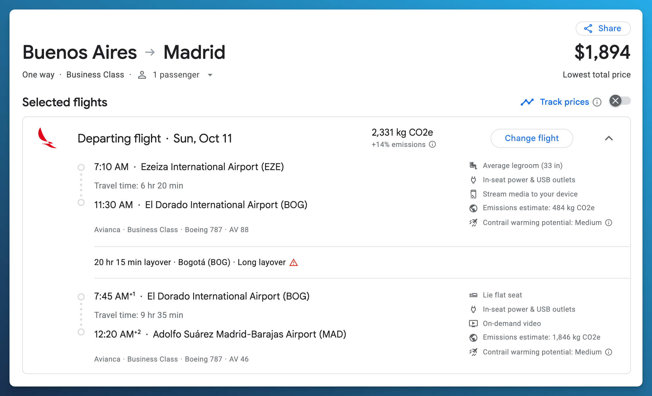 One way Business Class itinerary from Buenos Aires to Madrid for USD 1,894, listing Avianca AV88 and AV46 as Boeing 787 flights.