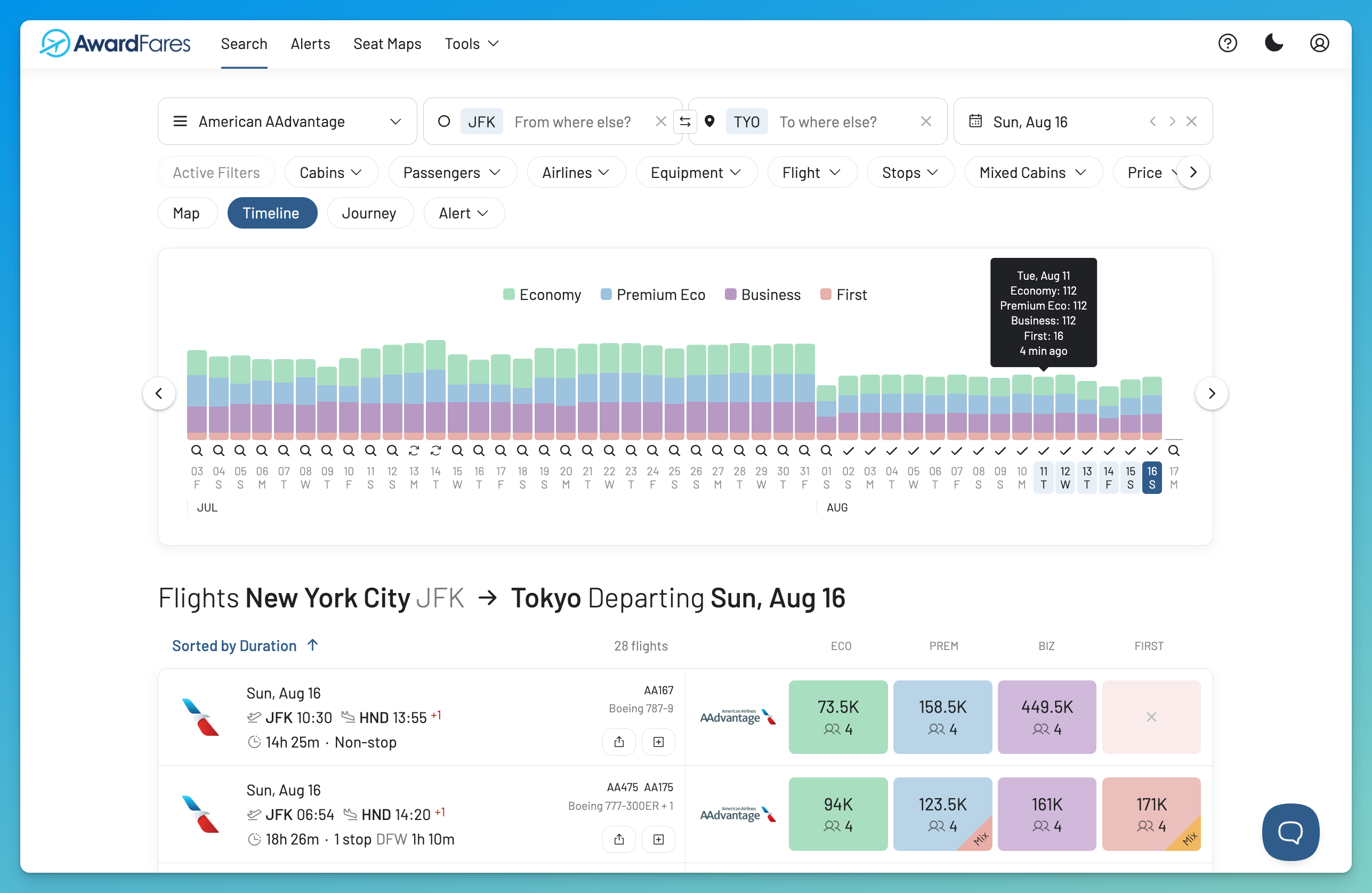 AwardFares dashboard showing live award flight search results.