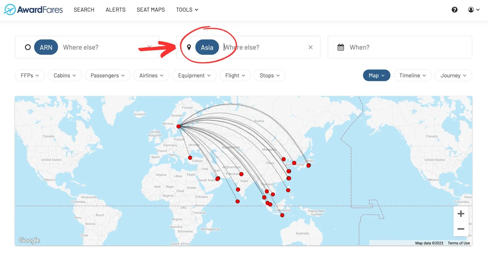 AwardFares Map View (2025)