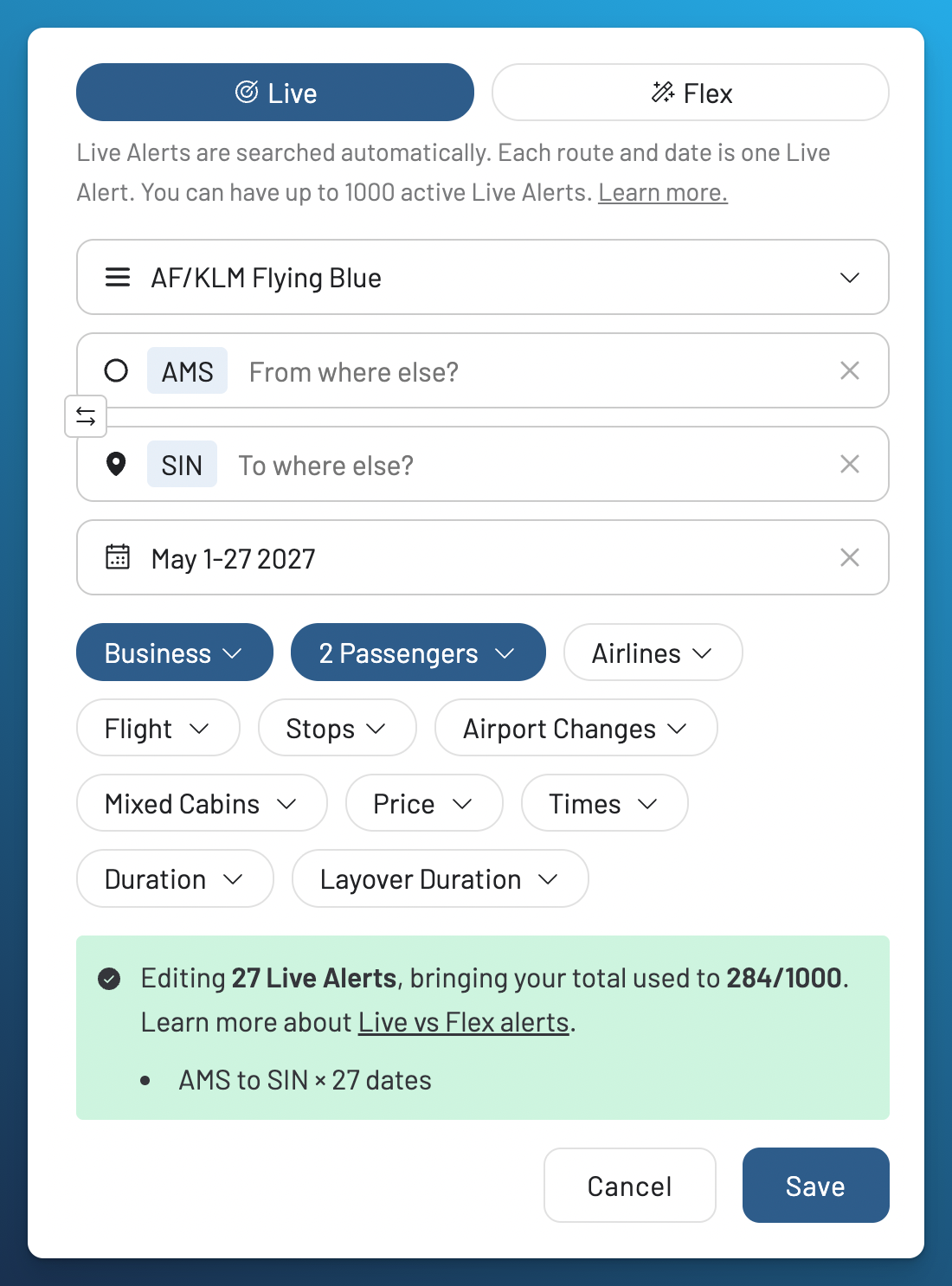 AwardFares editor for creating a Live or Flex Alert