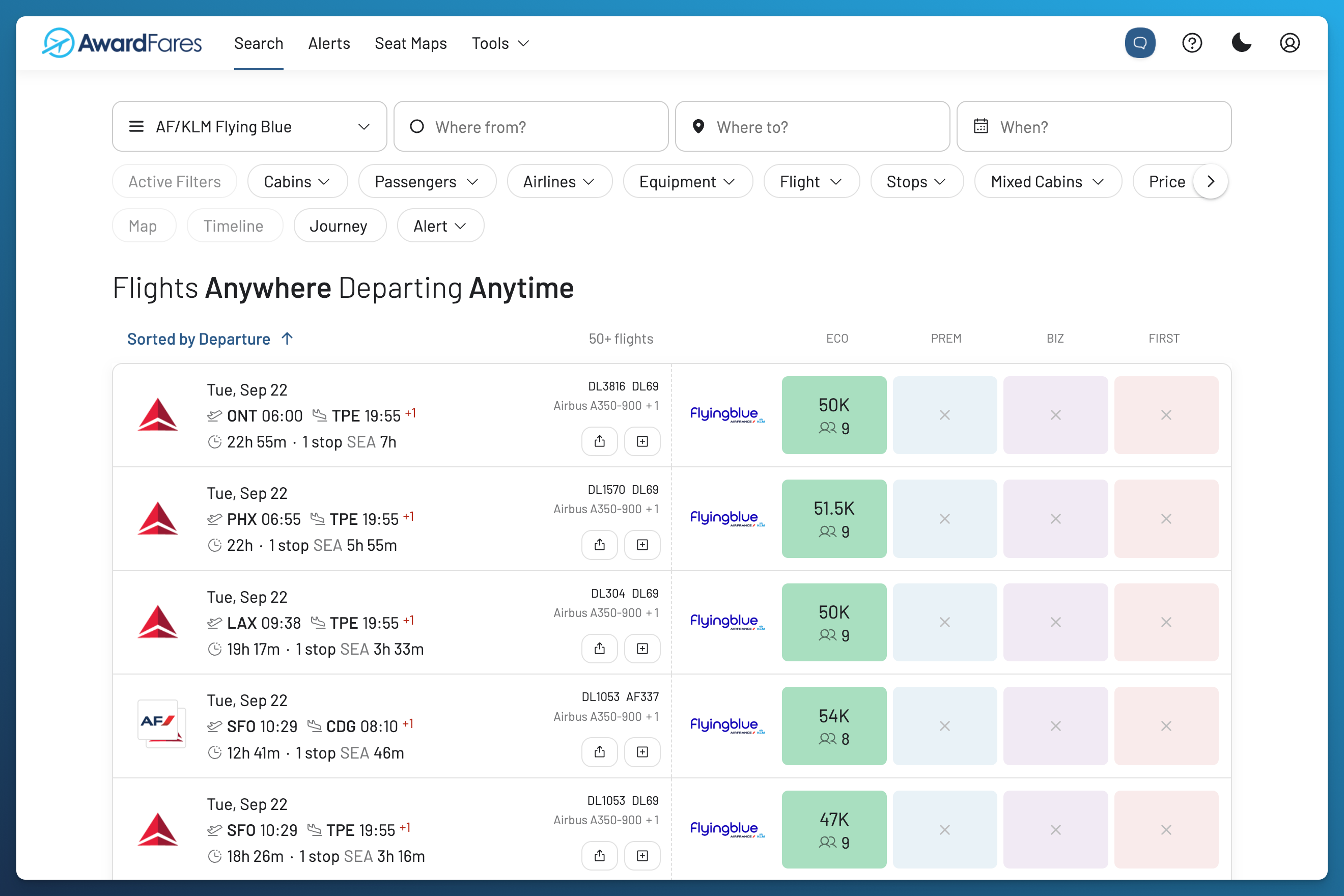 AwardFares Search dashboard with program and route controls