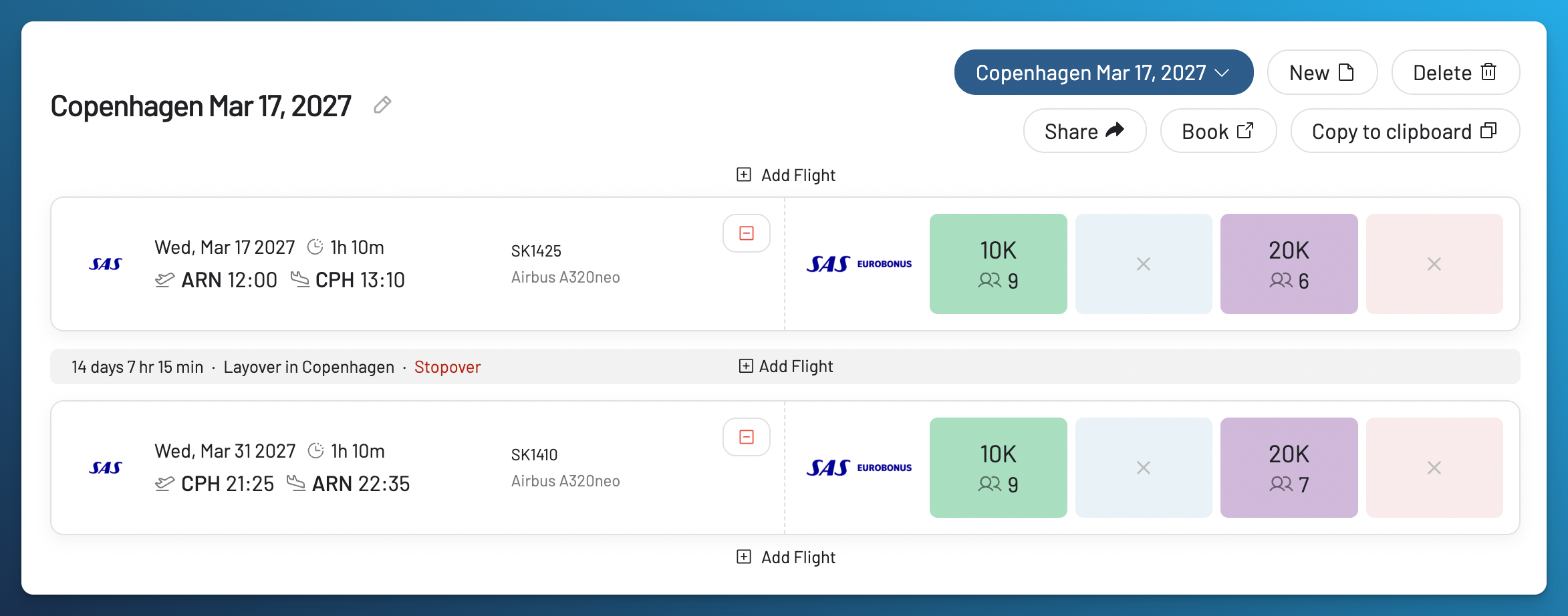 Journey Planner showing flights arranged into a trip